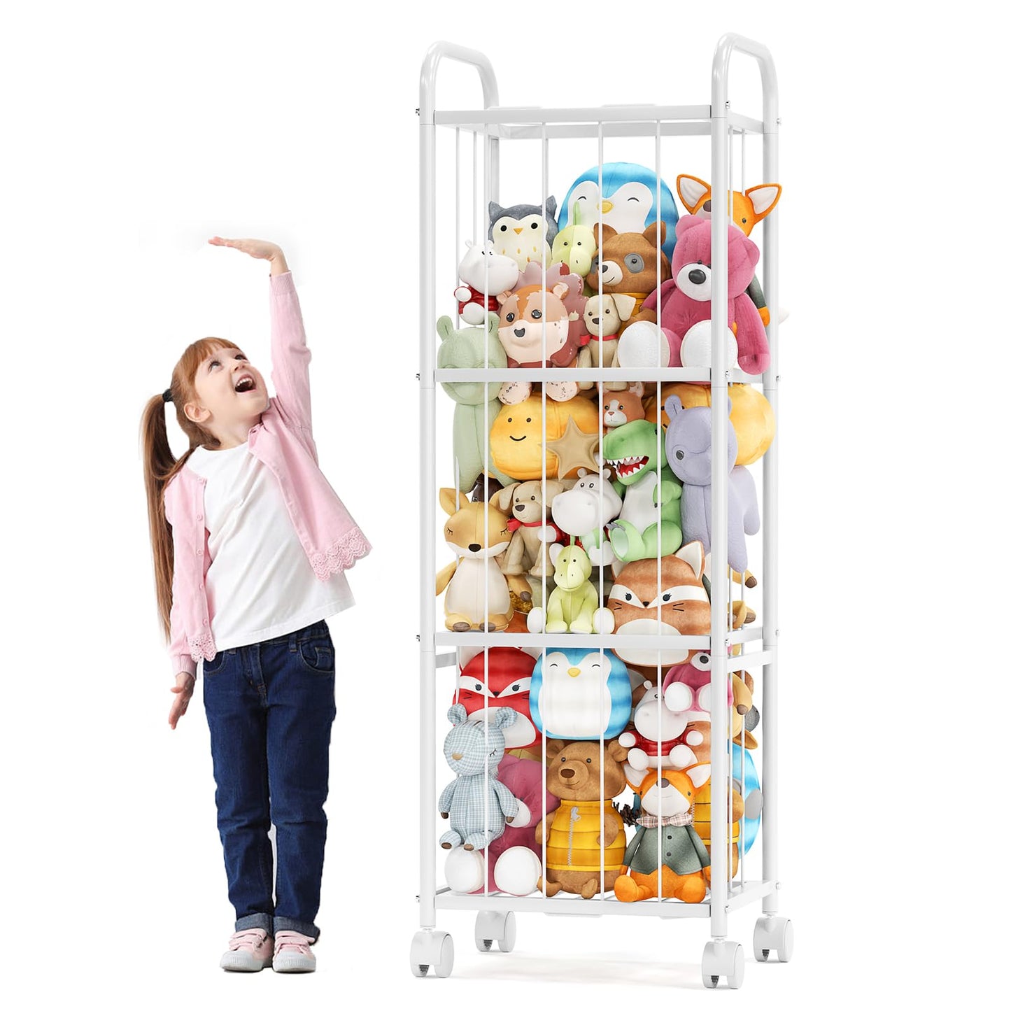 Stuffed Animal Storage with Brake Wheels,Metal Tube Toy Storage Organizer Extra Large Stuffed Animal Holder, Stuffed Animal Zoo Organizer for Nursery Playroom Kids Room White(53.5” x 18.1”x 13”)