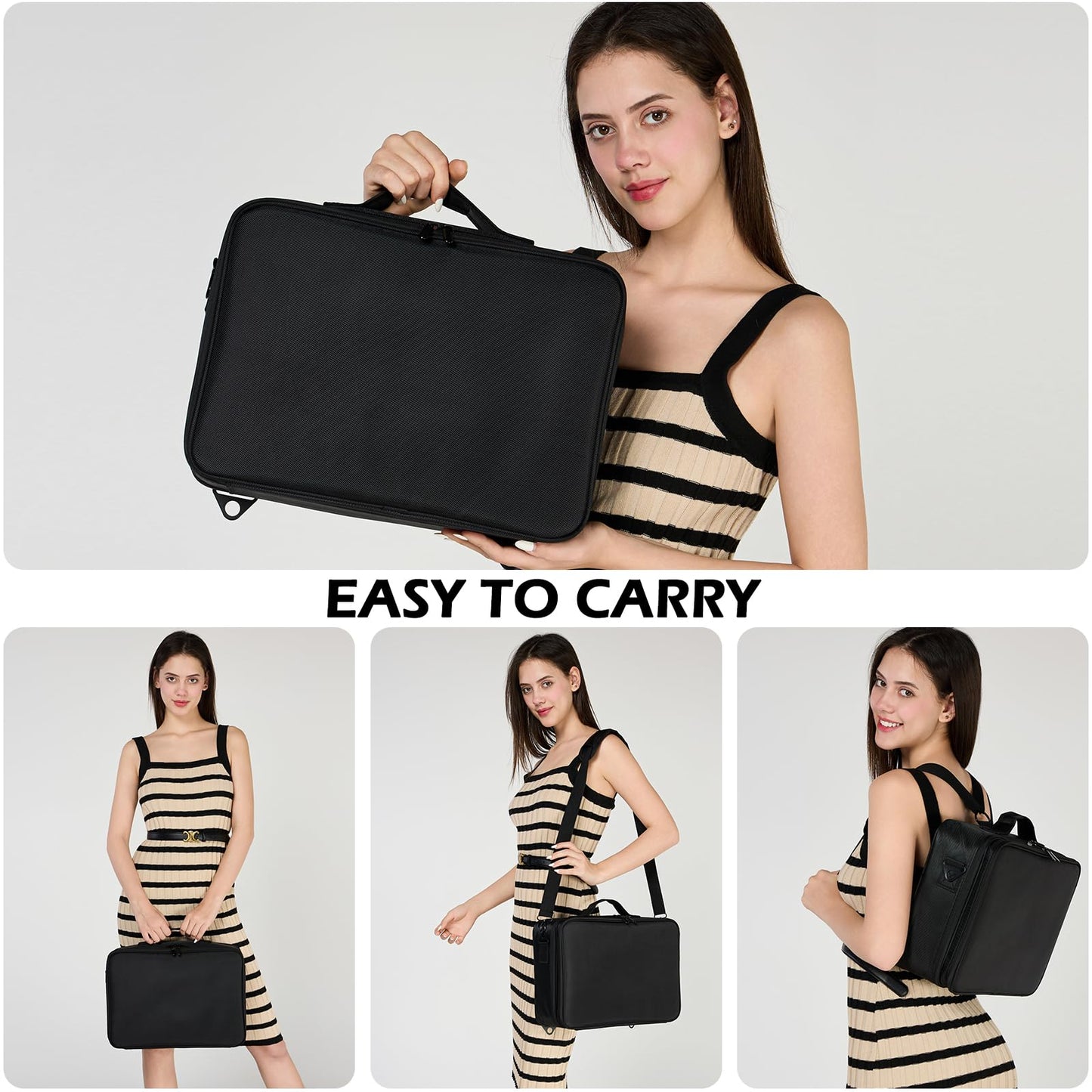 GZCZ Travel Makeup Bag,3 Layers Large Capacity Professional Makeup Train Case Cosmetic Organizer Bag Portable Artist Storage Bag 16.5 inches with Adjustable Dividers and Shoulder Strap（Black Large）