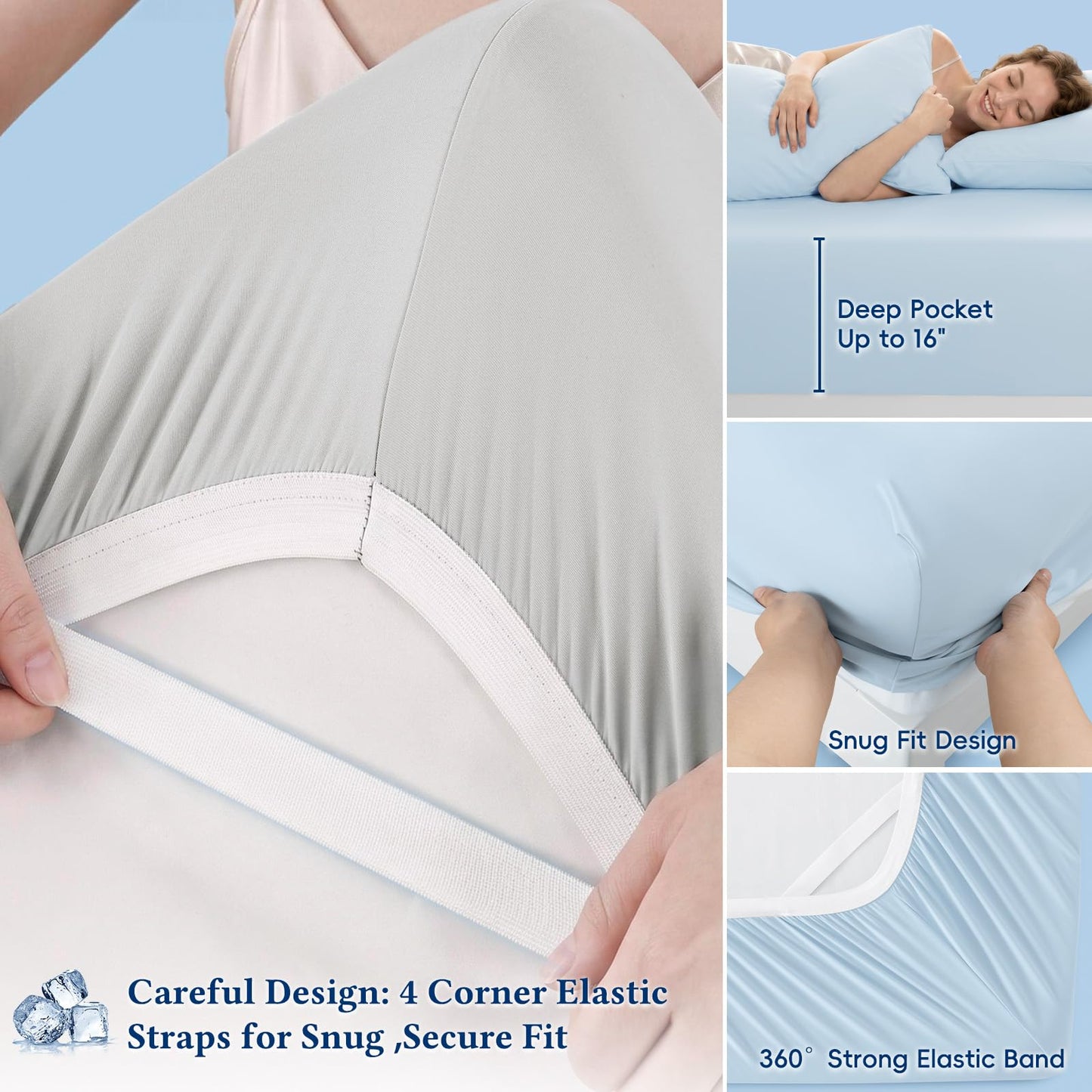 David's Home Ultra Cooling Fitted Sheet Set Queen Size, Q-Max >0.48 with 2 Pillowcases 4 Reinforced Elastic Corner Straps, Soft Lightweight Breathable Summer for Night Sweats Hot Sleepers, Ice Blue