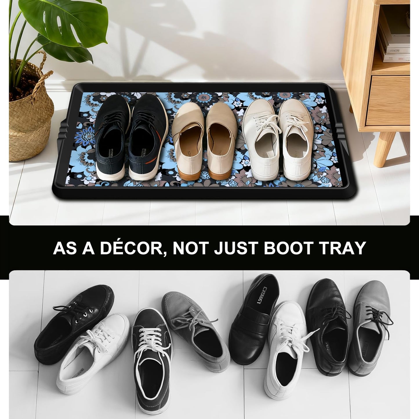 BEHERO Boot Tray Shoe Mat Decorative Patterned, Rubber Shoe Matt Tray Indoor/Outdoor Use, 16" x47.5" Shoe Cleaning Mat Non-Slip, Shoe Storage Waterproof Flower Prints for Entryway, Velvet Bloom