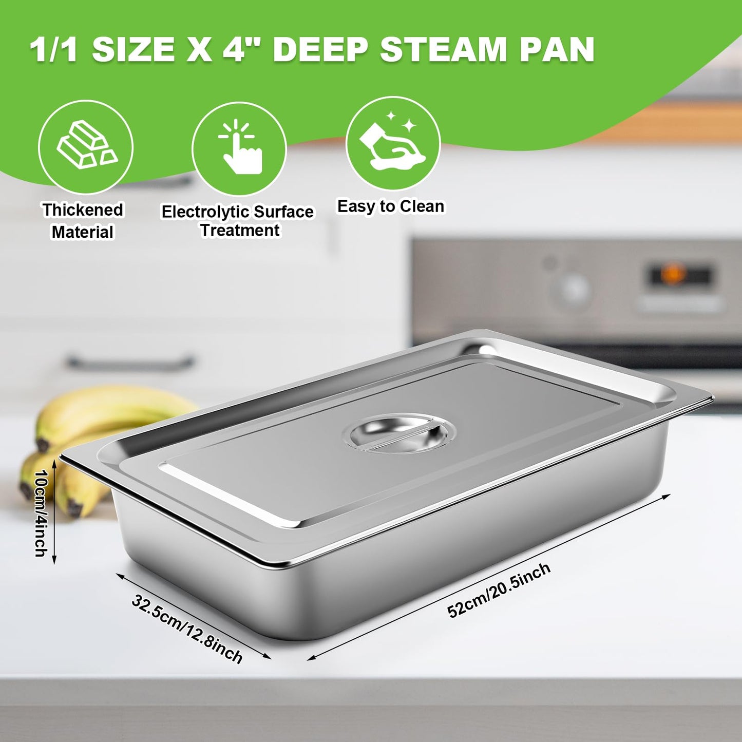 4 Pack Stainless Steel Hotel Pans 1/1 Full Size x 4" Deep Steam Table Pan 0.8 mm Thick with Lid Anti Jam Pan Stainless Steel Steamer Pan for Hotel Restaurant Buffet