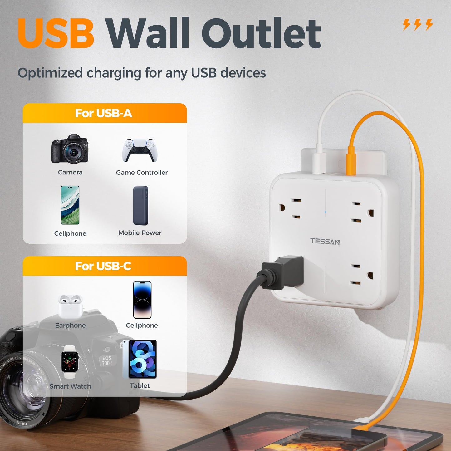 Wall Outlet Extender, TESSAN 4 Multi Plug Outlet Splitter with 1 USB C and 2 USB A Charging Ports, Multiple Plug Extension Block with Surge Protector for Home, Kitchen, Office, Dorm, White