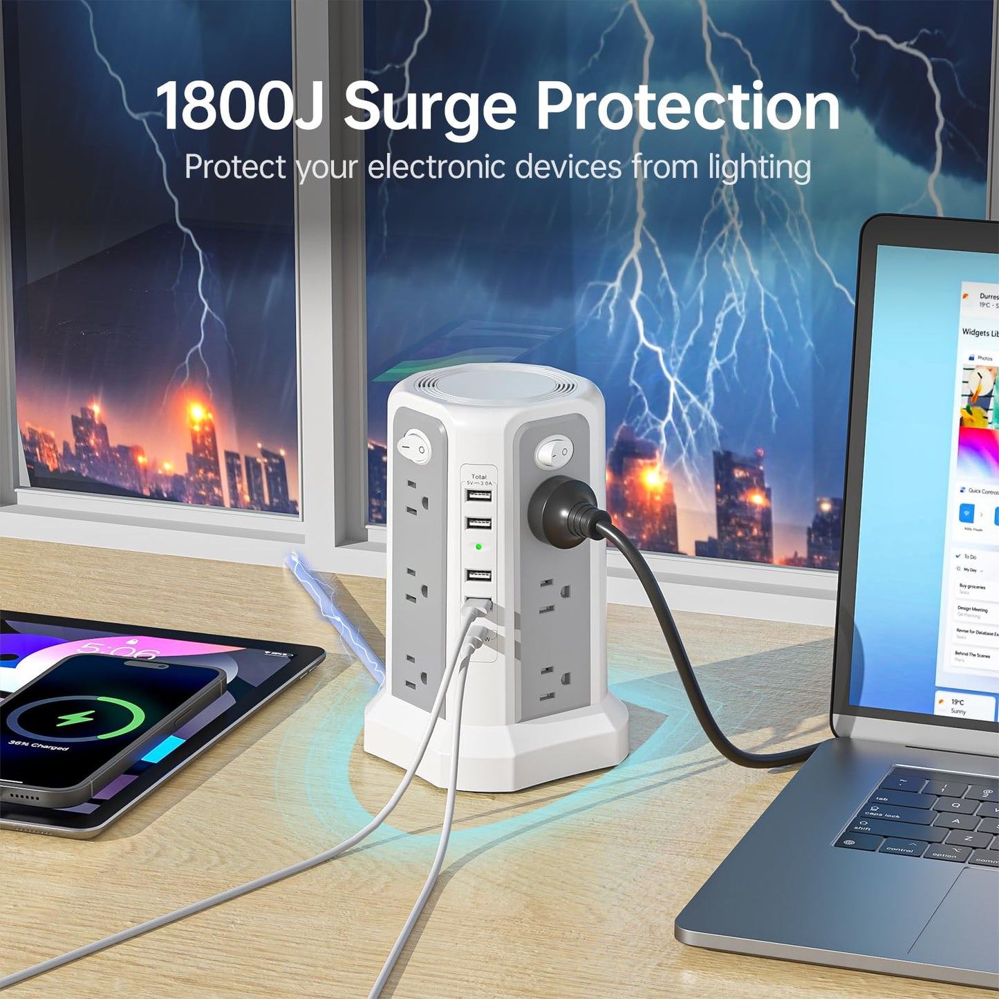 Surge Protector Tower Power Bar with USB C 18W Fast Charging Port, 10FT Extension Cord with 12 AC Outlets, and 5 USB Charging Ports(1 USB C), Power Bars Tower Surge Protection for Home Office DormRoom