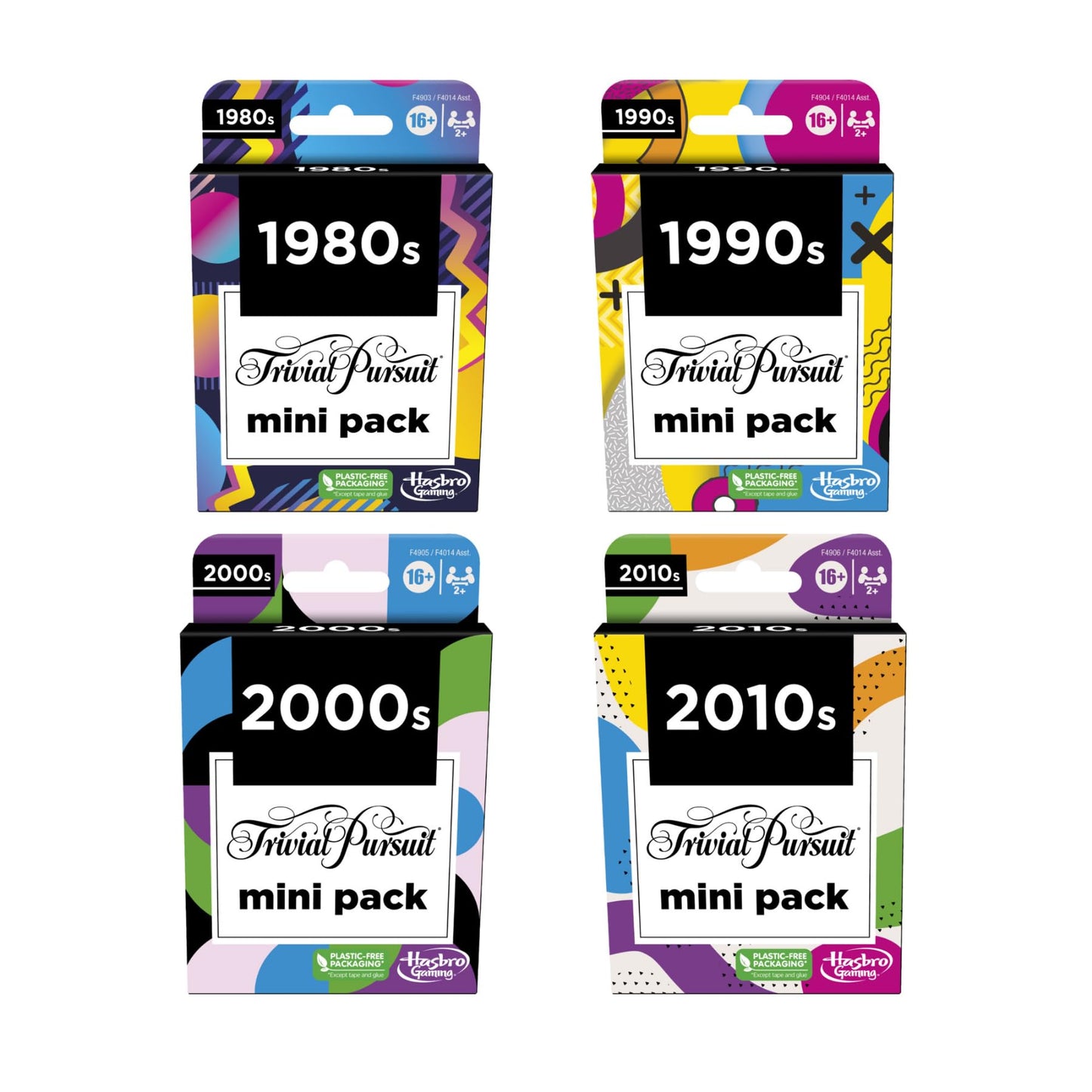 Hasbro Gaming Trivial Pursuit Mini Pack Multipack, Fun Quiz Questions for Adults and Teens Ages 16+ Includes 4 Games with 4 Decades