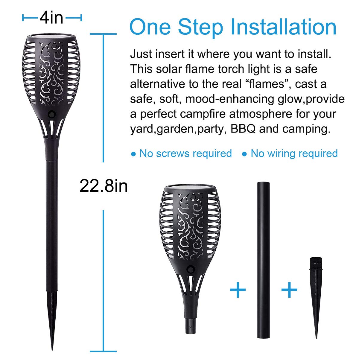 LazyBuddy Solar Torch Lights Outdoor, Large Solar Tiki Torches with Flickering Dancing Flame, IP65 Waterproof Halloween Decoration for Canadian Garden/Patio/Pathway, Auto On/Off (4 Pack)