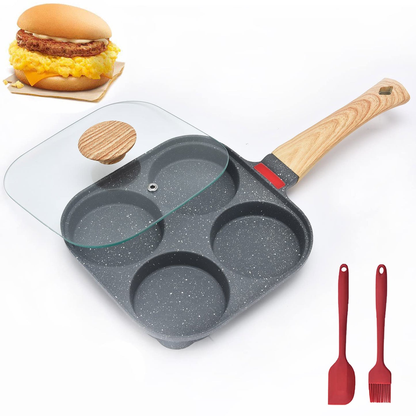 Egg Pan With Lid - 4 Cup Pancake Pan Nonstick Frying Pan Aluminium Alloy Skillet Divided Breakfast Cooker, Suitable for Gas Stove & Induction Cookware