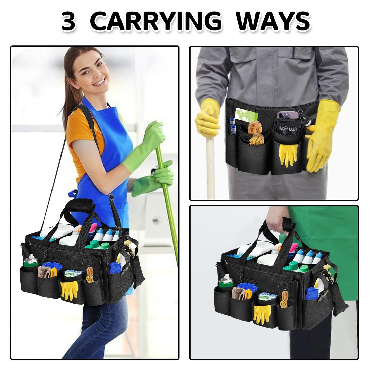Boczif Cleaning Caddy Bag Wearable, Supplies Organizer with Handle, Shoulder Straps & Detachable Divide, Tool Organizers Tote for Cleaners & Housekeepers (Black)