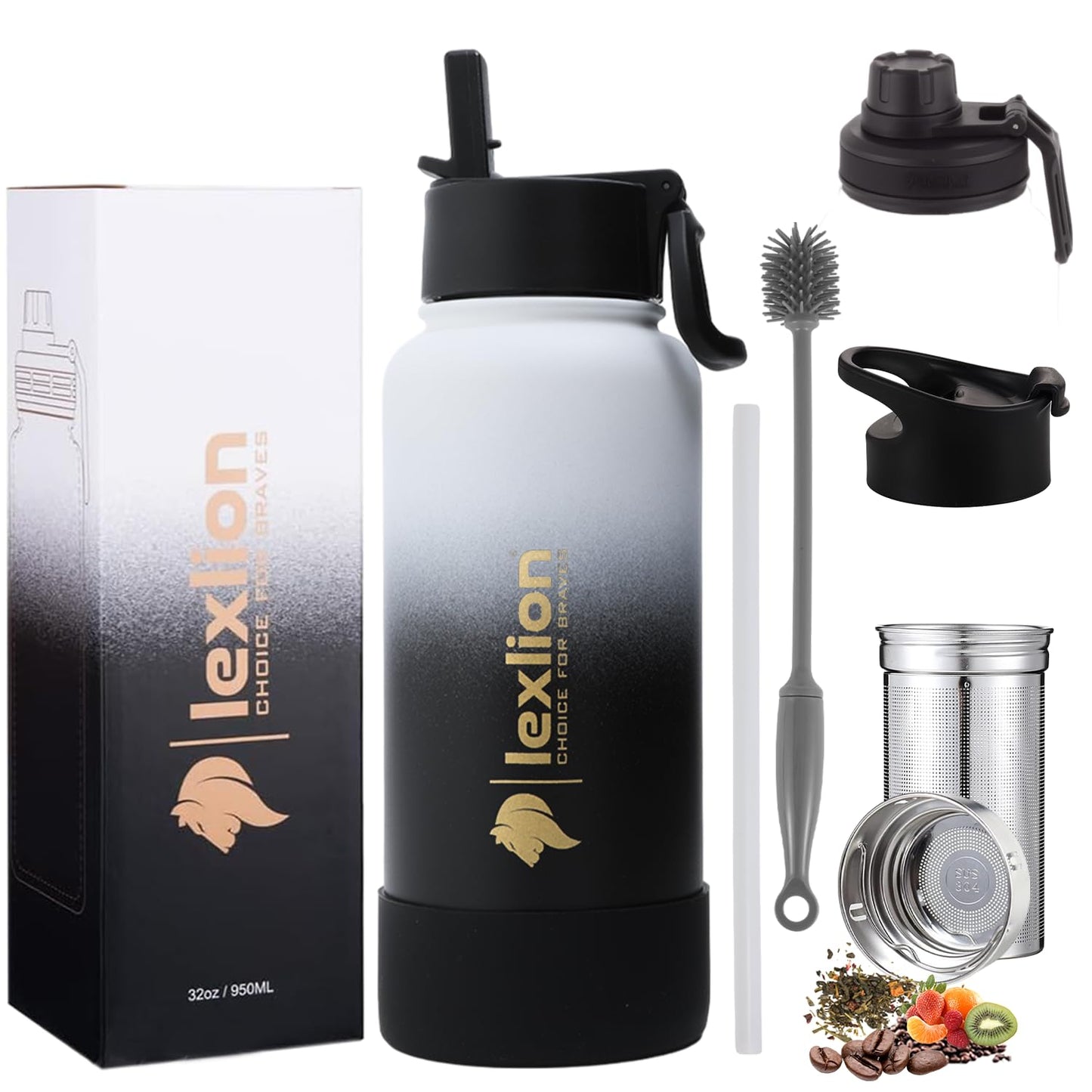 Lexlion Water Bottle 32 Oz, Triple Walled Insulated Stainless Steel Reusable, Wide Mouth, Fruit Diffuser-Thermal Leaf Infuser, Silicone Sleeve&Cleaning Brush, 3 Lids Leak Proof, Metal Mug Gallon