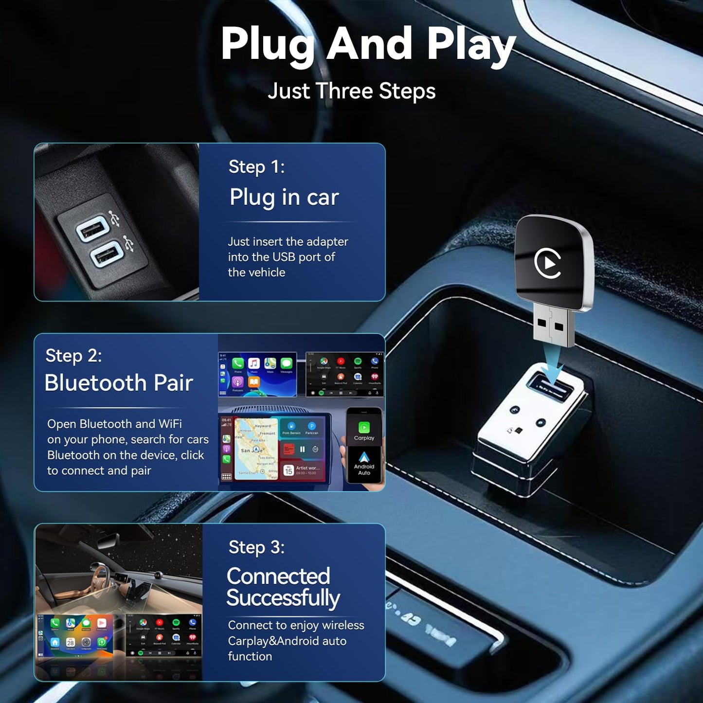Mini Wireless CarPlay Adapter for iPhone,2 in 1 for Apple Carplay and Android Auto Adapter,Convert Wired to Wireless, Plug & Play, USB to USB-C/Type-C, Stable Control & No Delay, Black