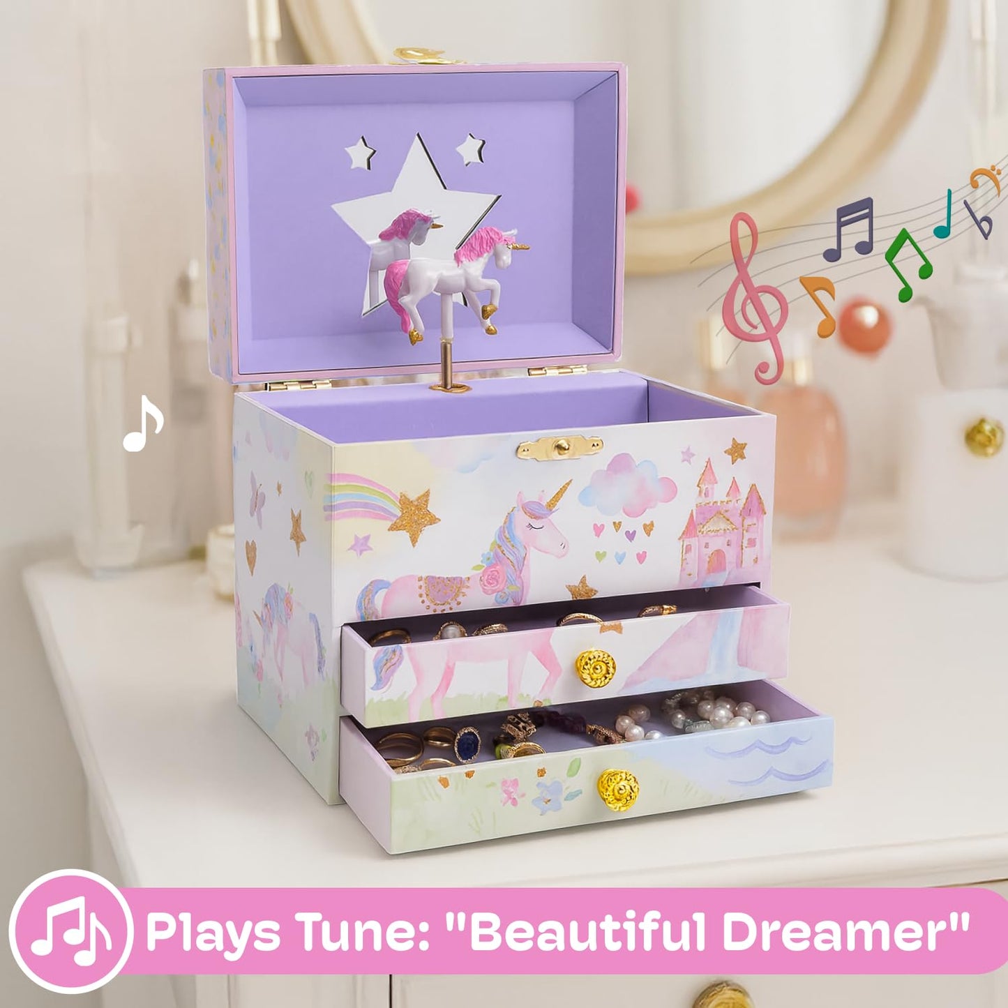 Jewelkeeper- Musical Jewelry Box with 2 Pullout Drawers, Glitter Rainbow and Stars Unicorn Design, The Unicorn Tune