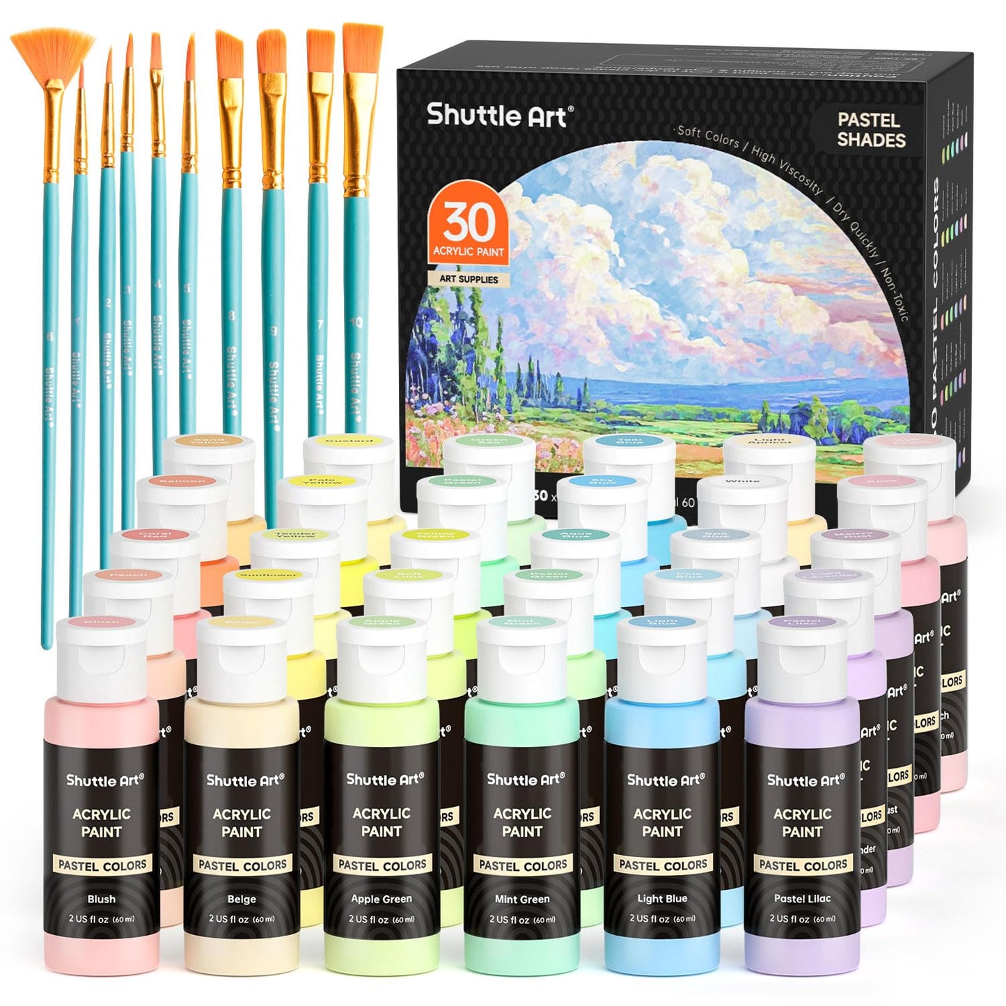Shuttle Art 40 Pack Pastel Acrylic Paint Set, 30 Colors, 60ml/2oz Bottles, High Viscosity, Water-proof Paint With 10 Paint Brushes for Painting &Crafting on Canvas, Rock, Ceramic, Fabric