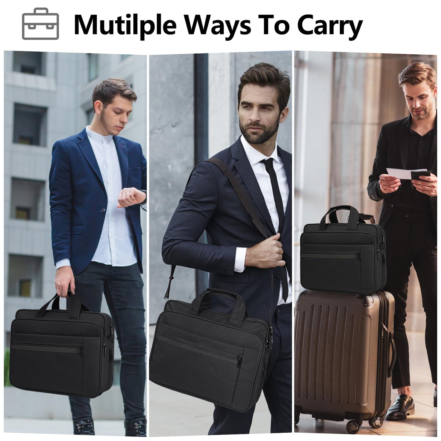 Laptop Bag 15.6 Inch Waterproof Computer Messenger Bag Expandable Briefcase for Men Women Laptop Carrying Case for Travel College Business,Black