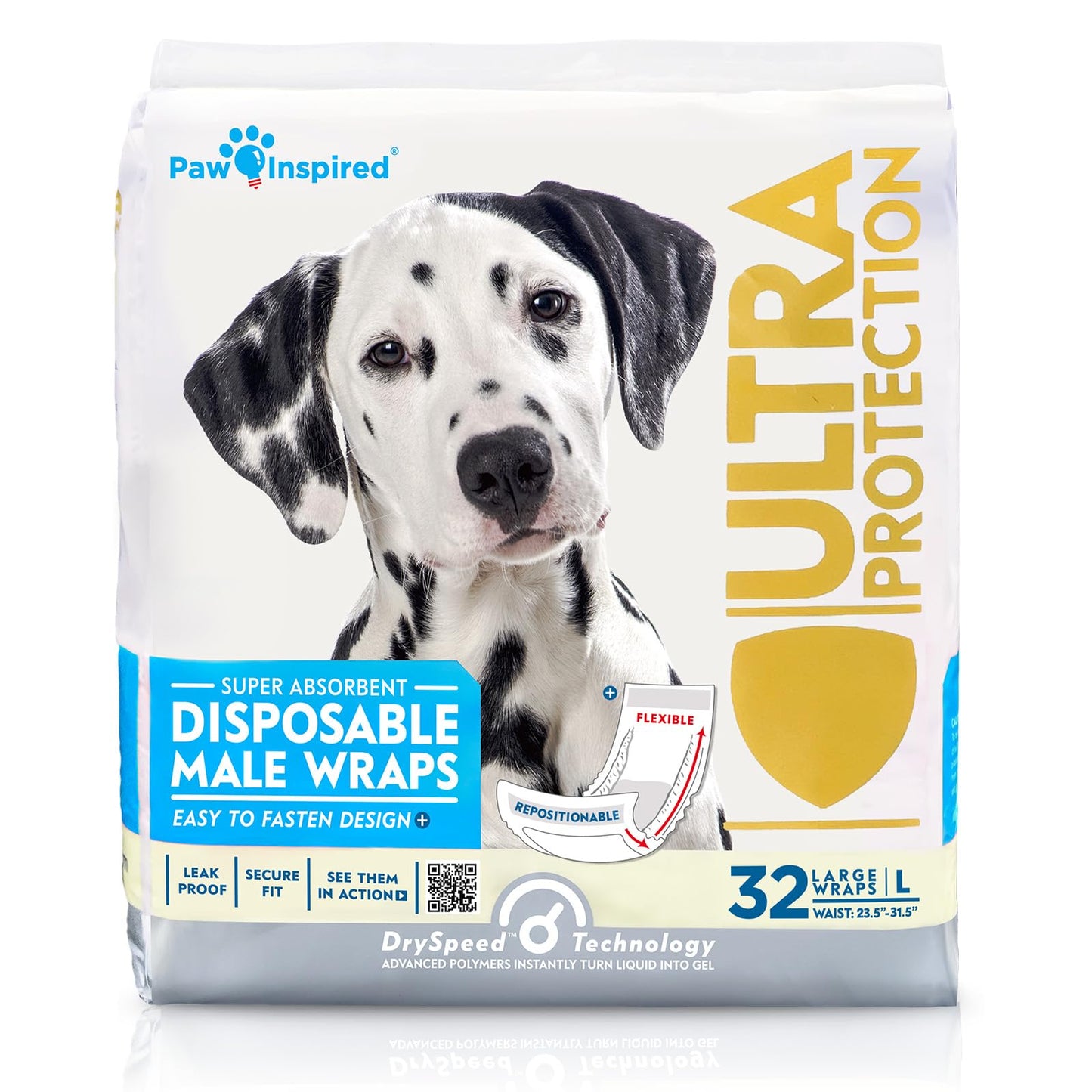 Paw Inspired Disposable Male Dog Diapers, Ultra Absorbent Male Wraps Belly Bands for Dogs, Leakproof Protection for Excitable Urination Incontinence or Marking (32 Count, Large)