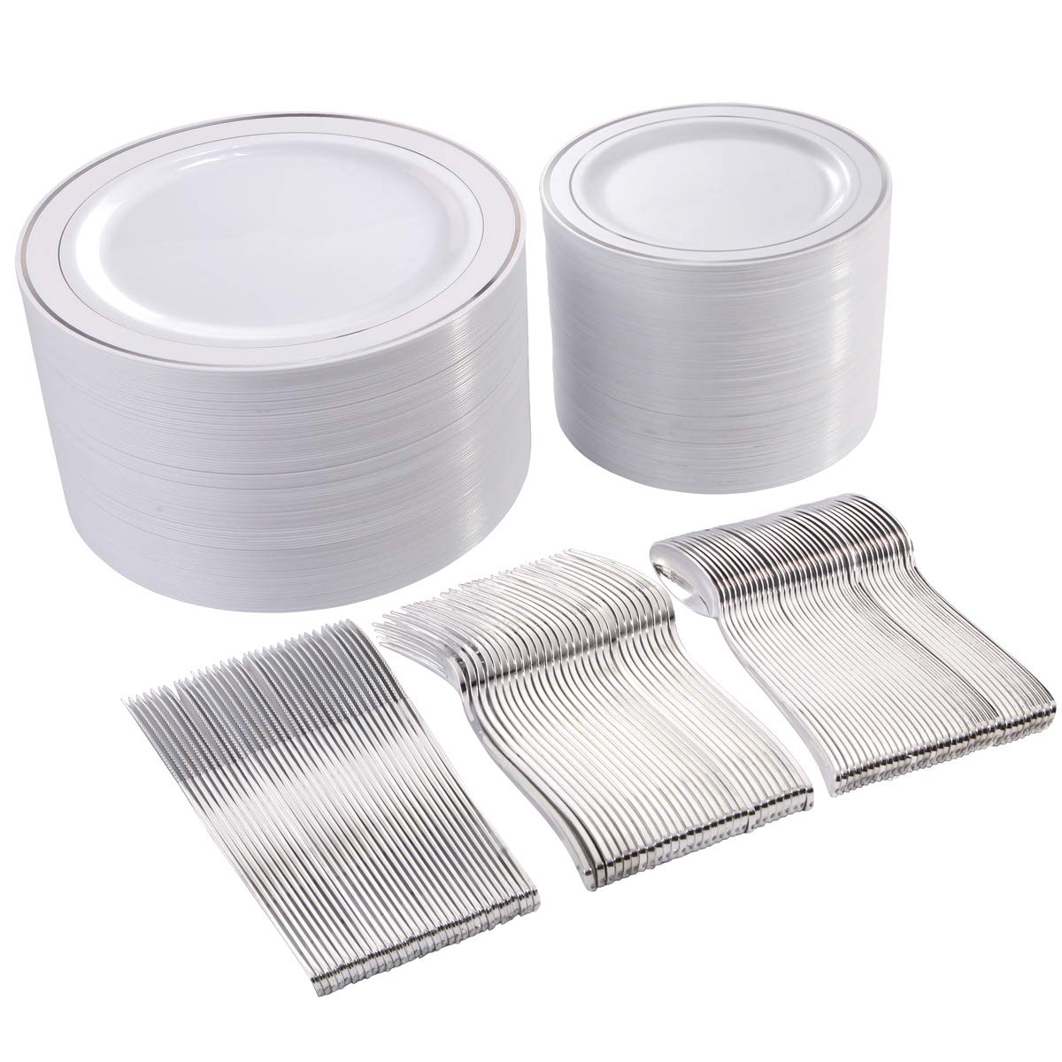I00000 300 Pieces Silver Plastic Plates with Disposable Silverware, Fancy Tableware Sets Include 60 Dinner Plates 10.25", 60 Salad Plates 7.5", 60 Forks, 60 Knives and 60 Spoons Serve for 60 Guest