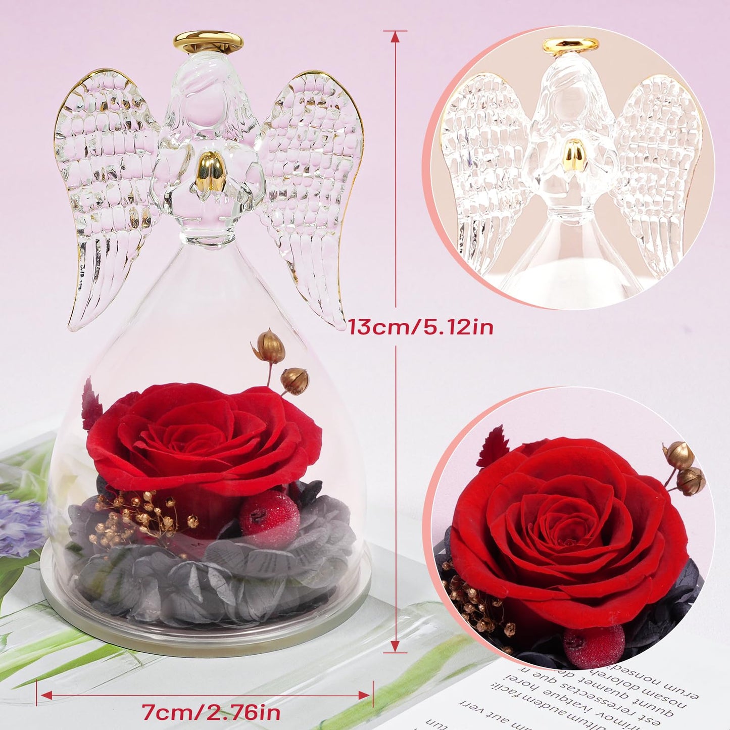Miofula Preserved Flowers Rose Birthday Gifts for Women, Angel Figurines with Forever Real Rose Gifts for Mom Her Grandma,Unique Angels Gifts for Mothers Day Christmas Valentines Day Anniversary (Red)