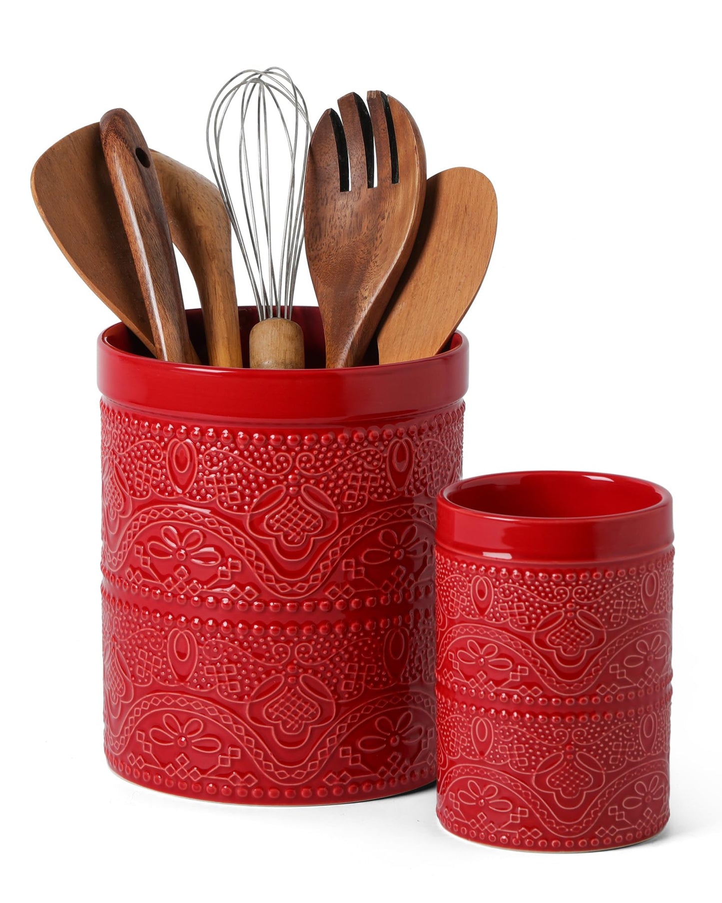 FUN ELEMENTS Kitchen Utensil Holder, 7.2+5.5" Super Large Utensil Crock Heavy and Stable Lace Emboss Ceramic Utensil Holder for Kitchen Counter (2Pcs Christmas Red)