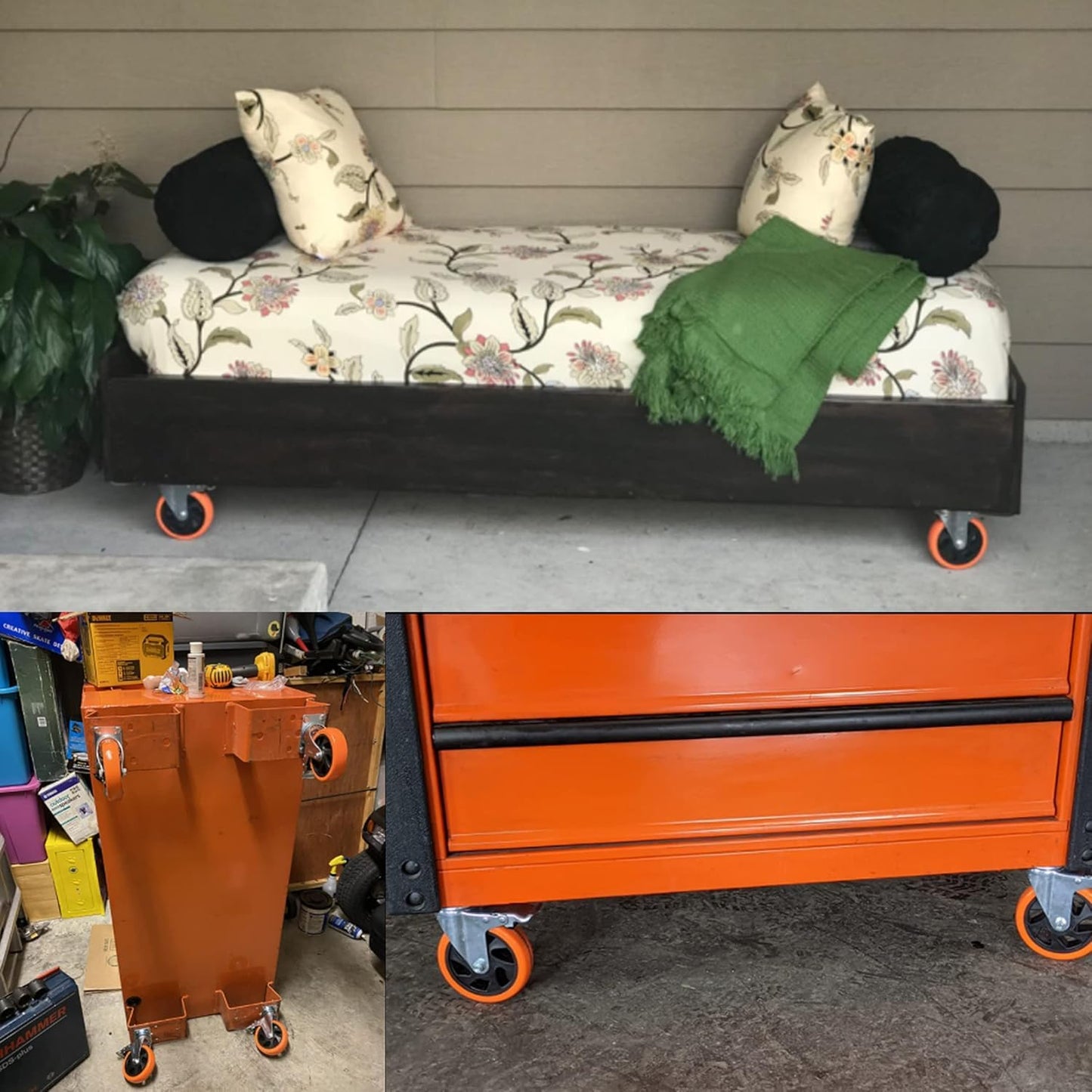 4 Inch Caster Wheels, Casters Set of 4 Heavy Duty Load 1800lb, Orange Polyurethane Swivel Casters with Brake, No Floor Marks Locking Castor Wheels for Cart Furniture Workbench (with Hardware Kits)