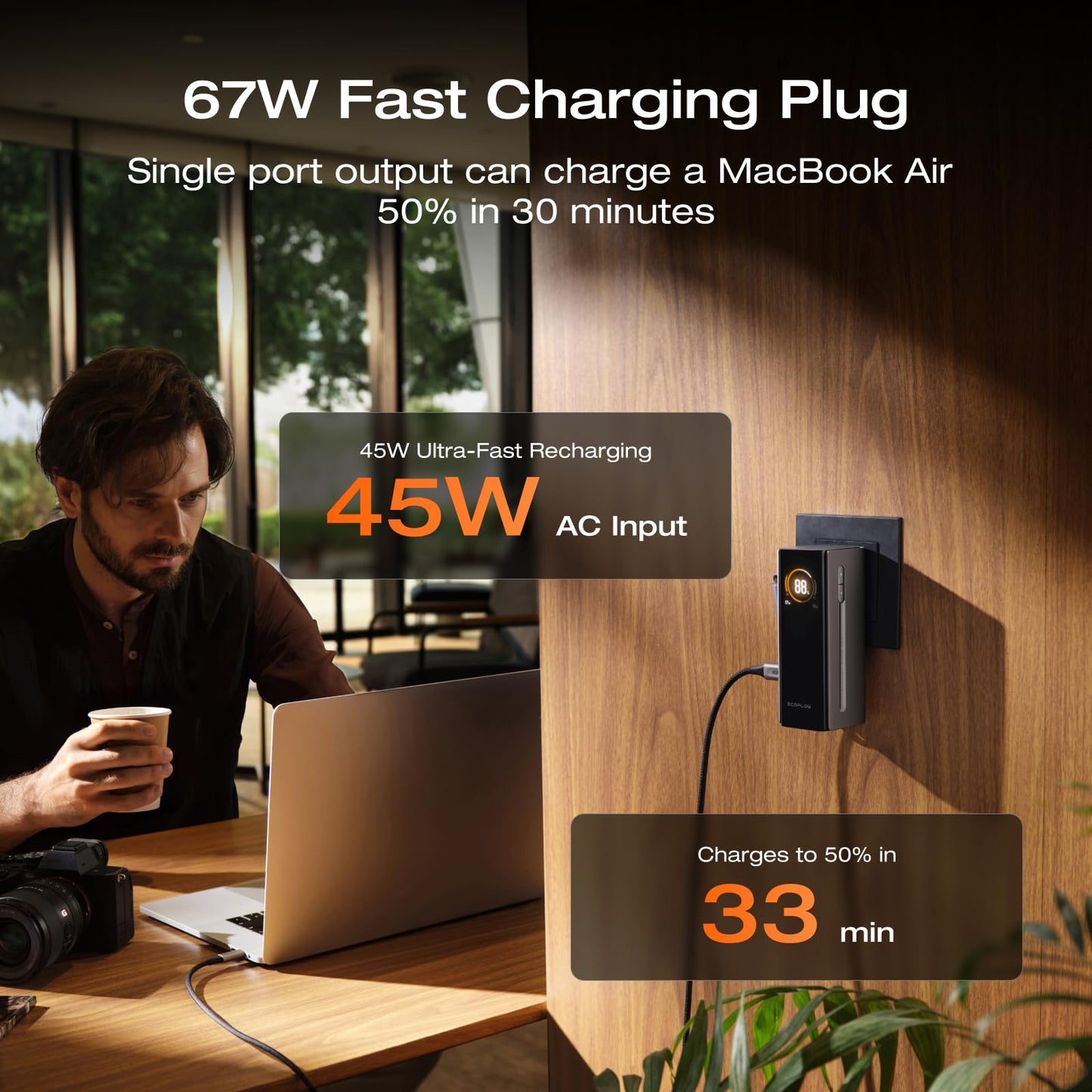 EF EcoFlow Rapid Pro 3-in-1 Power Bank, 10,000mAh Battery Pack with 67W Foldable AC Plug, Detachable USB-C Cable, 45W Fast Recharging, LCD Display Portable Power Bank,, Compatible with Phones, Laptops, and More