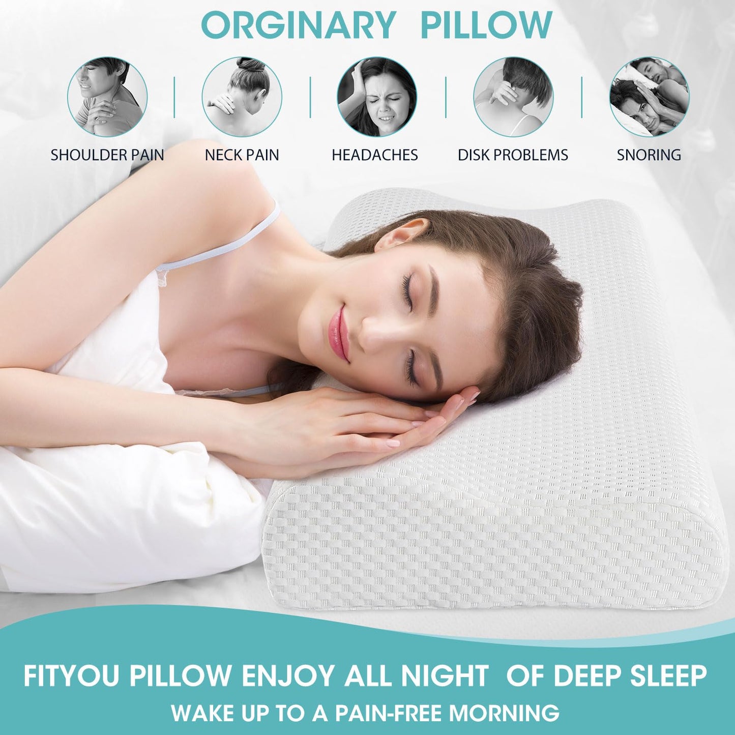 Ergonomic Memory Foam Neck Pillow (Pure White, 23.62 * 13.78 * 4.33/3.54 inch)