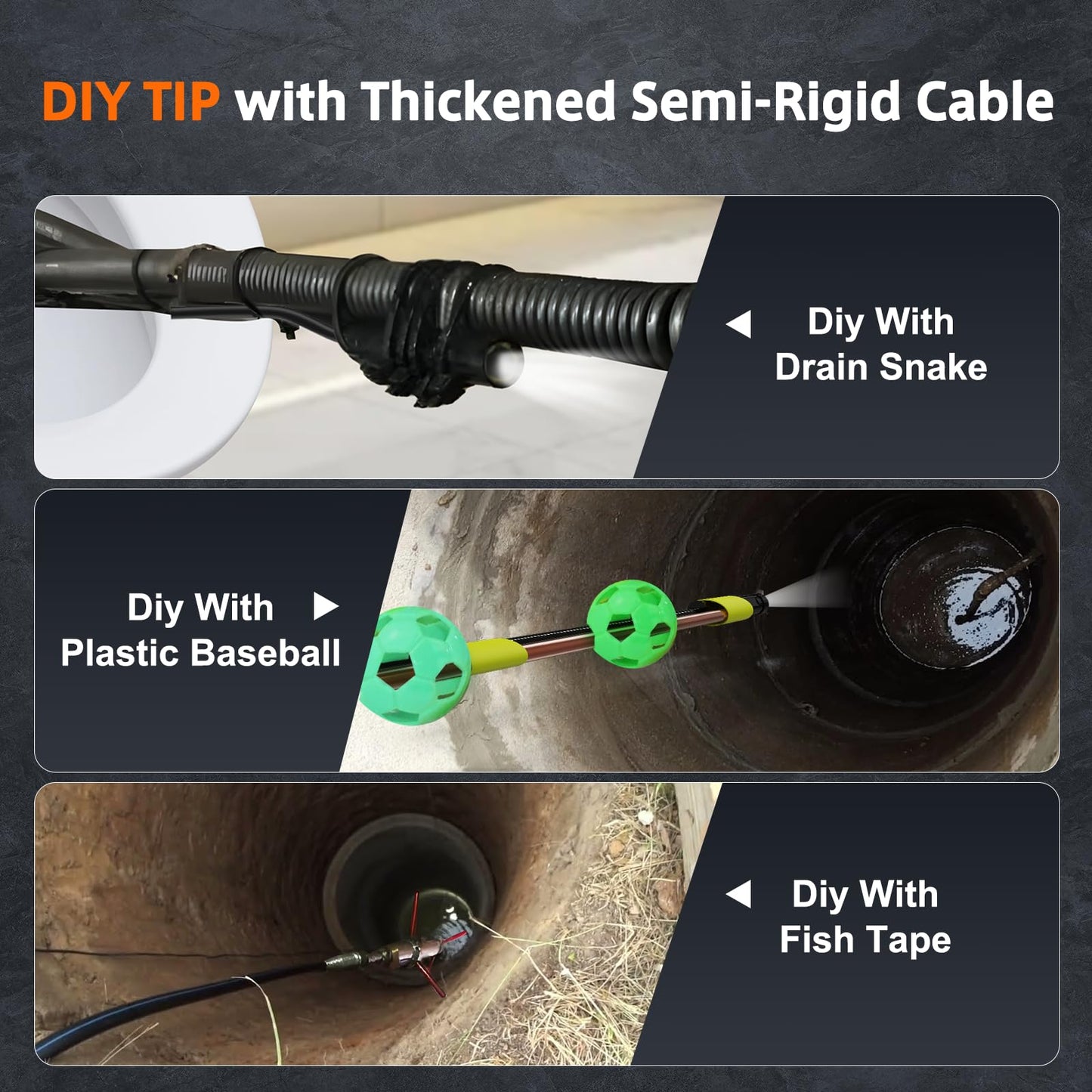 Triple-Lens Borescope Inspection Camera With 50 FT Semi-Rigid Cable, 5" IPS Screen Endoscope With Light, 1080P Sewer IP67 Drain Snake, 32G Storage Card, Carrying Case