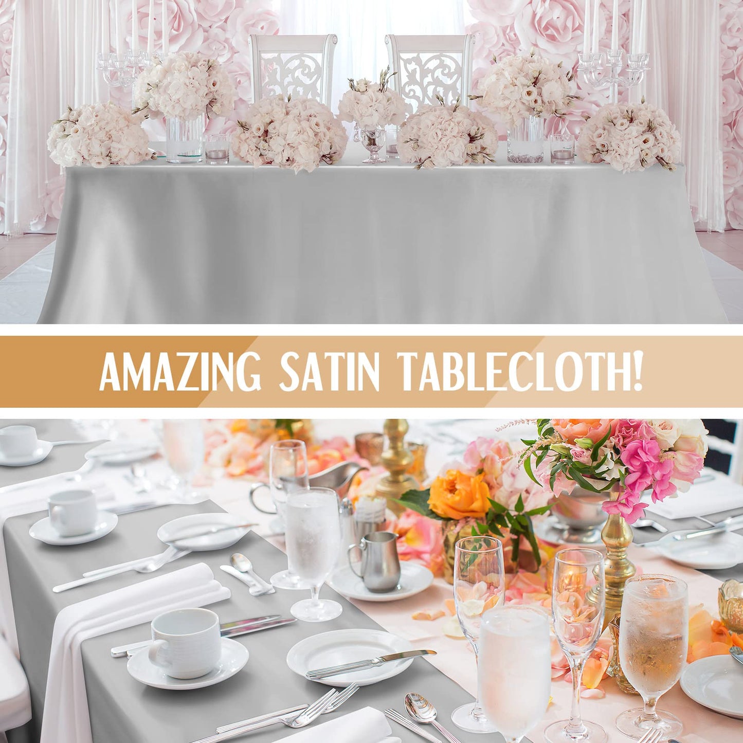 8 Packs Satin Tablecloth 102 x 58 Inches Rectangle Table Cover Silk Smooth Fabric Party Table Cloth for Rectangle Parties, Holiday Dinner Wedding Banquet Decoration(Silver)