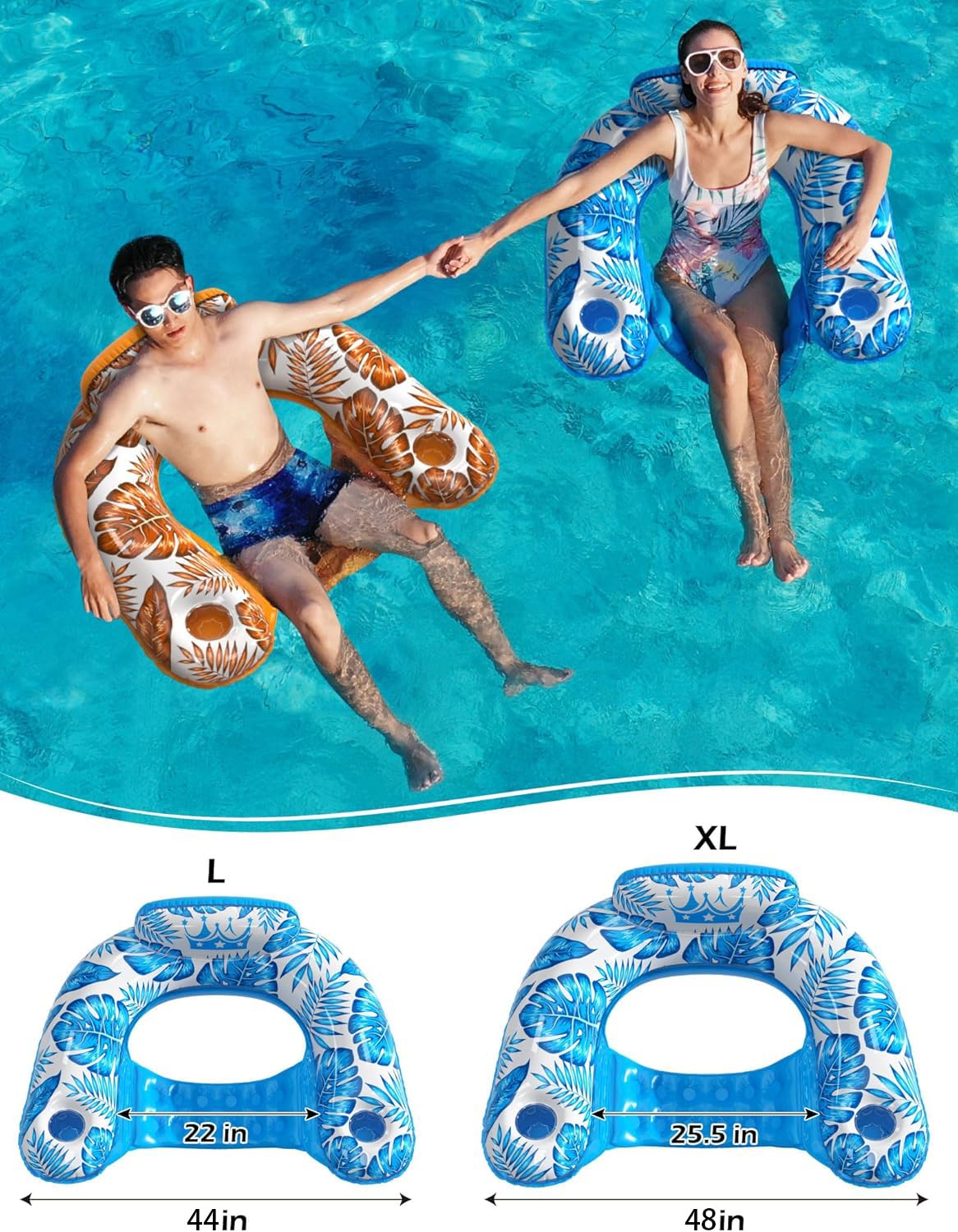 Jasonwell Inflatable Pool Float Chair - 2 Pack Floating Pool Chair Lounge Floats for Swimming Pool Water Chair Pool Lounger with Cup Holder Toy Party Floaties for Adults