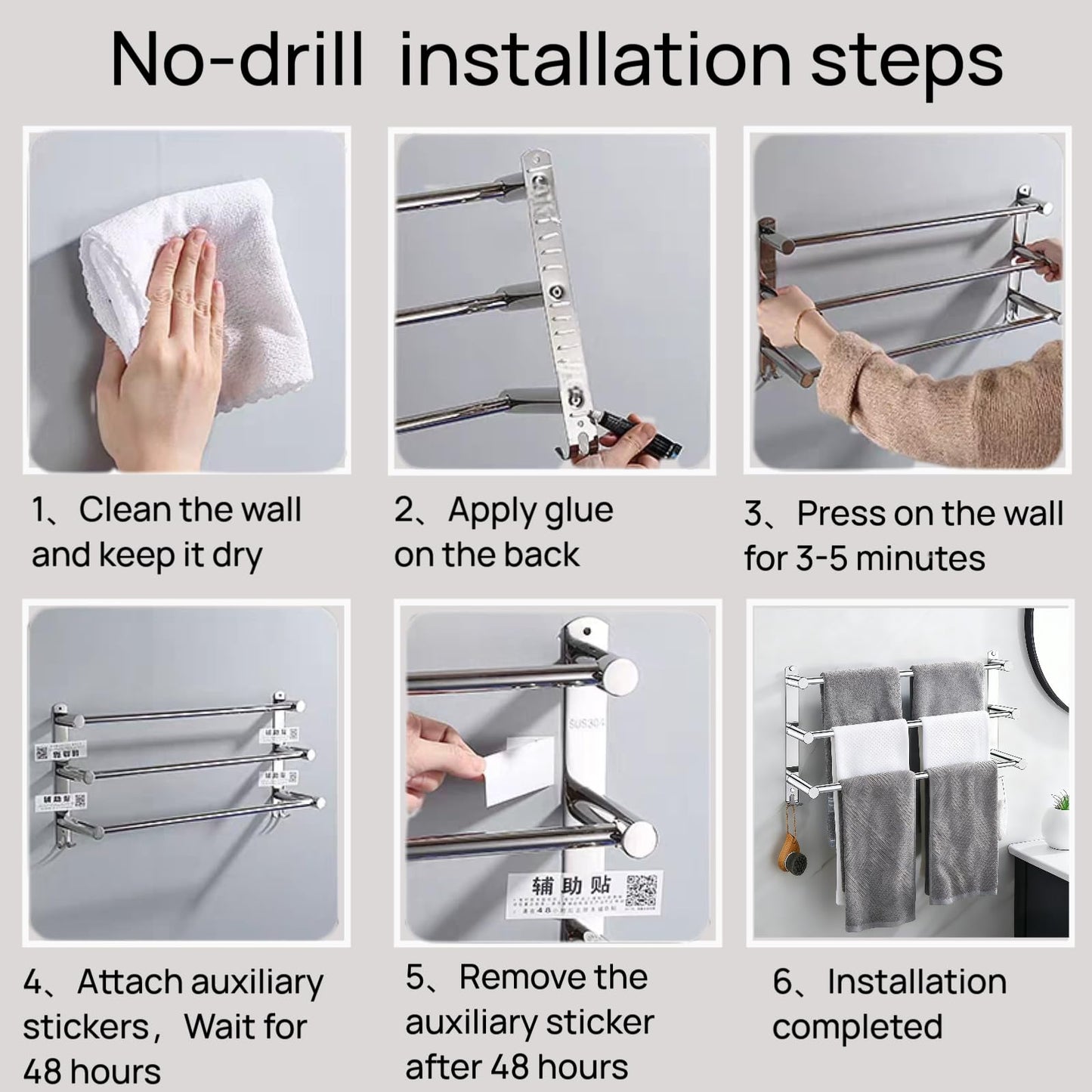 SUS304 Three Bar Adjustable Towel Rack, Expandable Range:16.5 Inches to 29.9 Inches, Bathroom Towel Holder with Double Hooks,Two Installation Methods:Drillinstallation and No-drill Installation(Black)