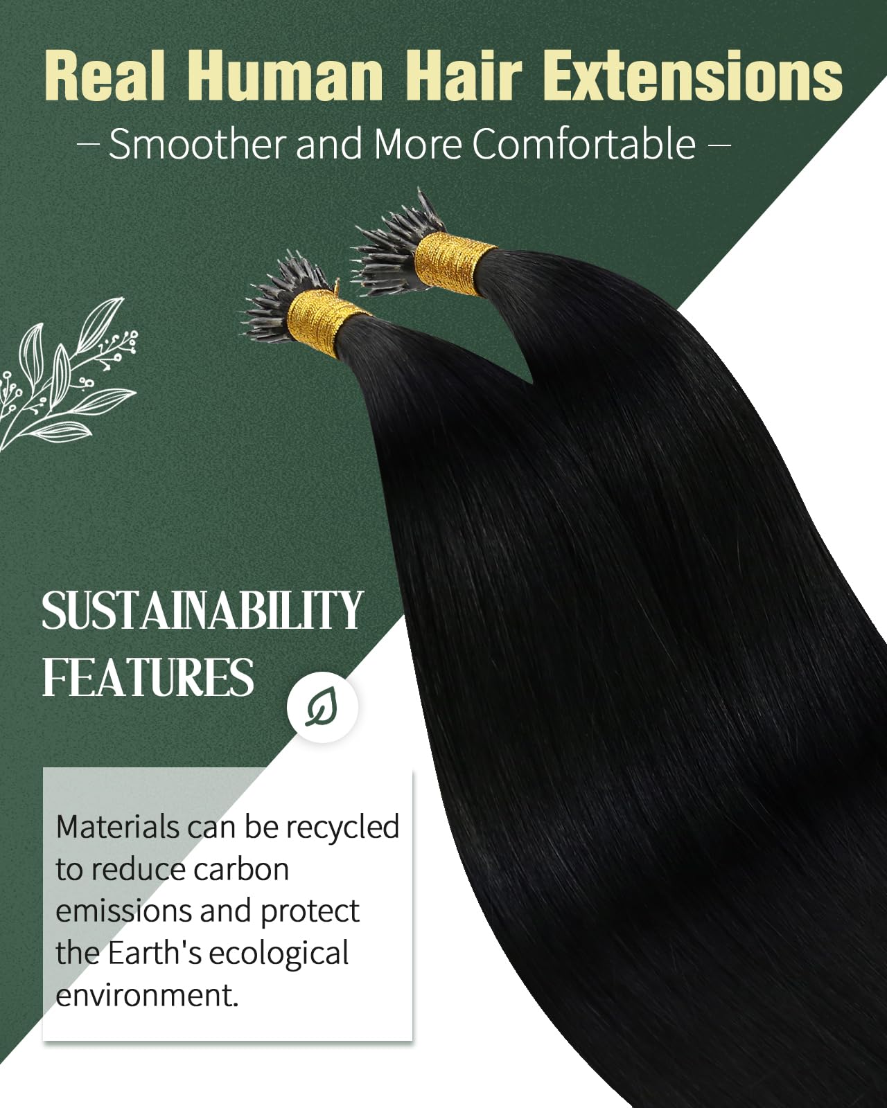 Ugeat Black Nano Beads Hair Extensions for Women Invisible Nano Tip Hair Extensions Human Hair Jet Black Human Hair Extensions Nano Extensions with Cold Fusion 22 Inch 50g 50s