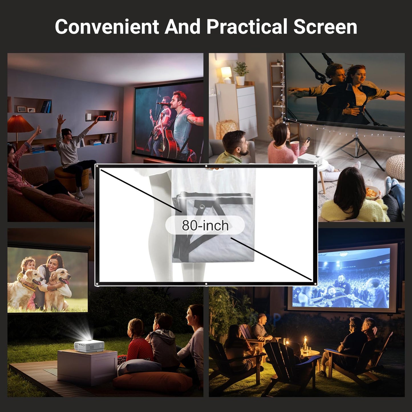 【Projector Screen Included】 1080P Mini Projector with Two-Way Bluetooth, 50% Zoom, Portable Outdoor Movie Projecteur, Compatible with TV Stick, Video Games, HDMI, USB, Smartphone