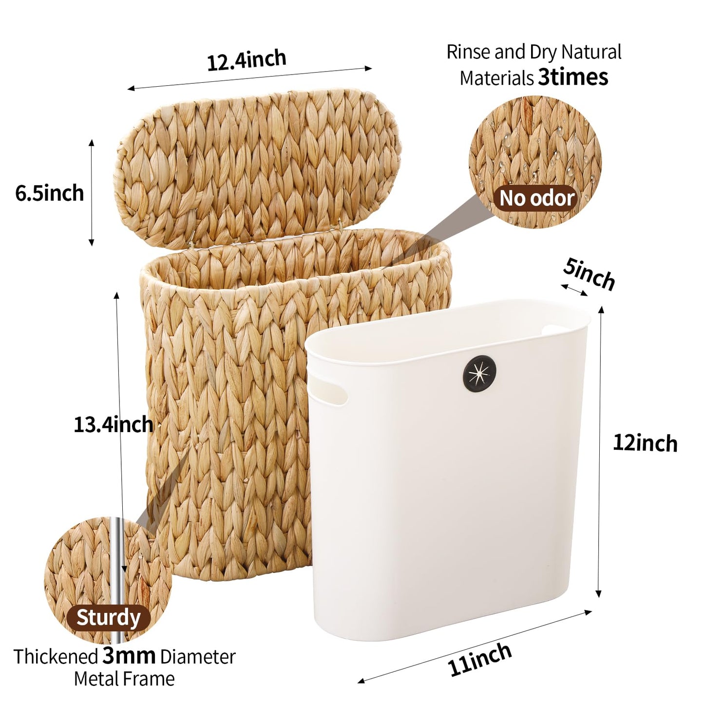 Coeusy 3 Gallon Wicker Trash Can with Lid and Liner,Small Bathroom Trash Cans,Woven Rattan Narrow Waste Basket for Bedroom,Home Office,Natural Water Hyacinth
