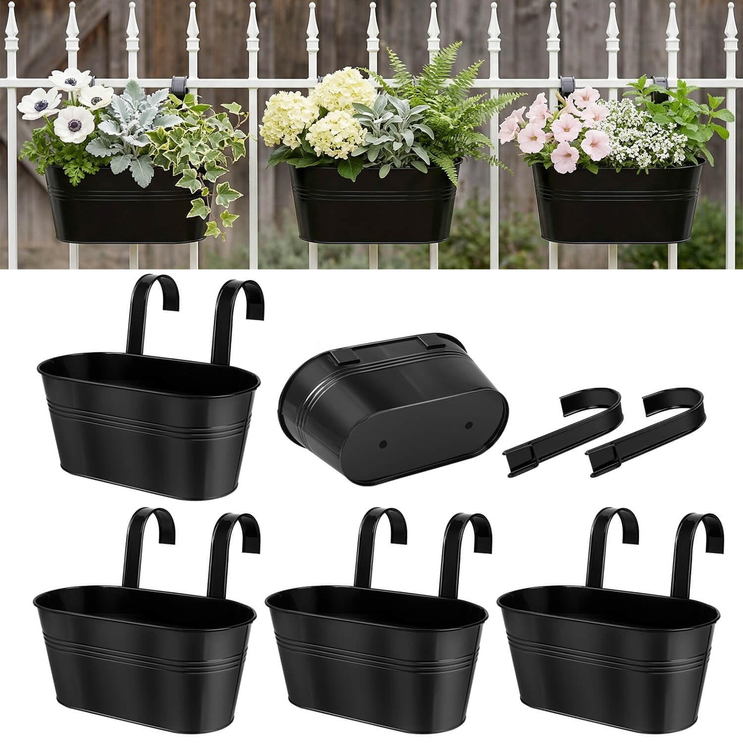 vensovo Metal Railing Planter for Outdoor Plants - 5 Pack Balcony Hanging Planter Box with Detachable Hooks and Drain Holes Oval Hanging Pots Fence Planters for Railing Garden Fence, Black