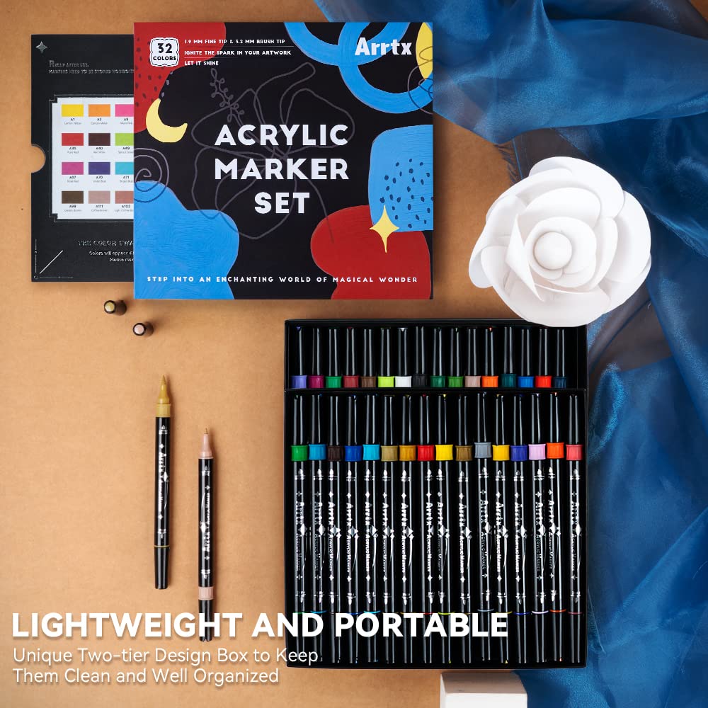 Arrtx Acrylic Paint Pens, 32 Colors Dual Tip (Brush & Fine) for Rock Painting, Fabric, Wood, Plastic, Canvas, Easter Eggs