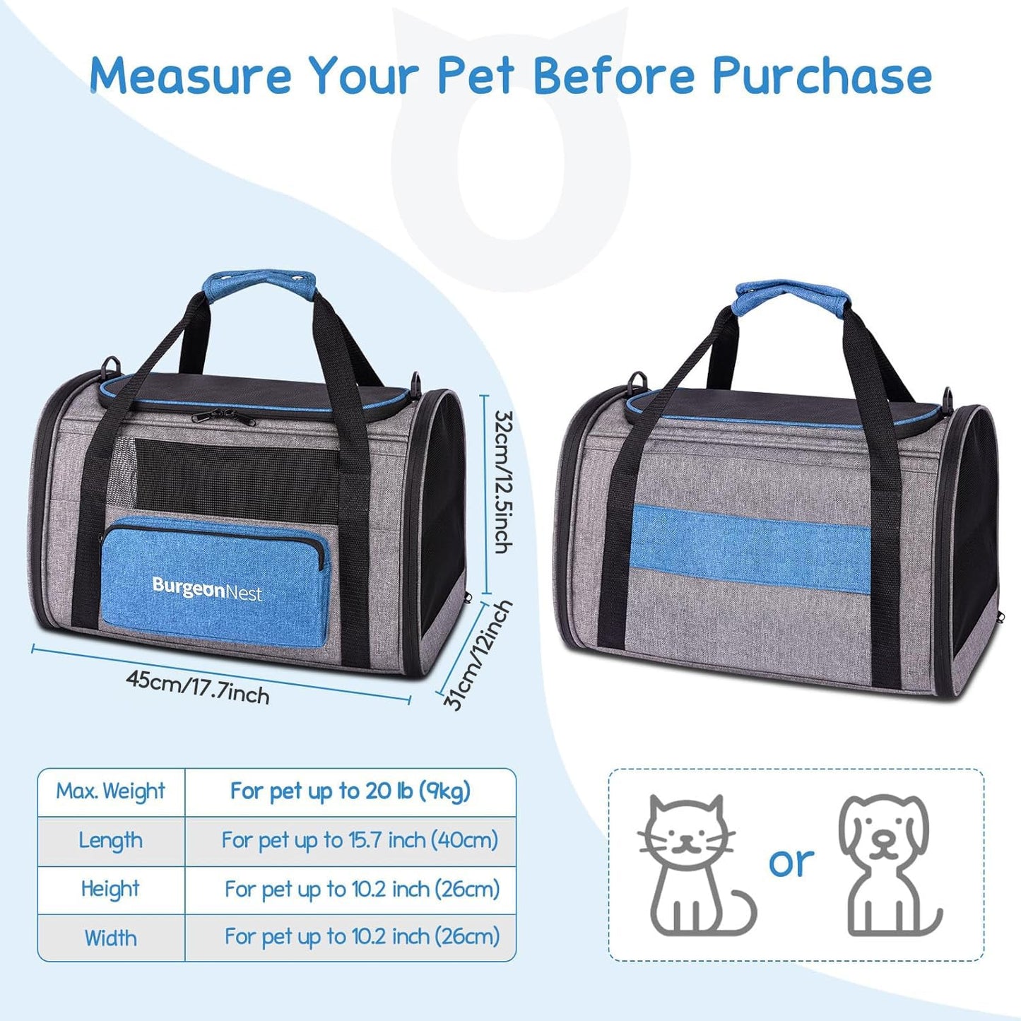 BurgeonNest Cat Carriers for Medium Cats Under 25 lbs, Pet Carrier for Cats with Unique Side Bag,Top Load Small Pet Carrier Soft-Sided Escape Proof with 4 Ventilated Windows