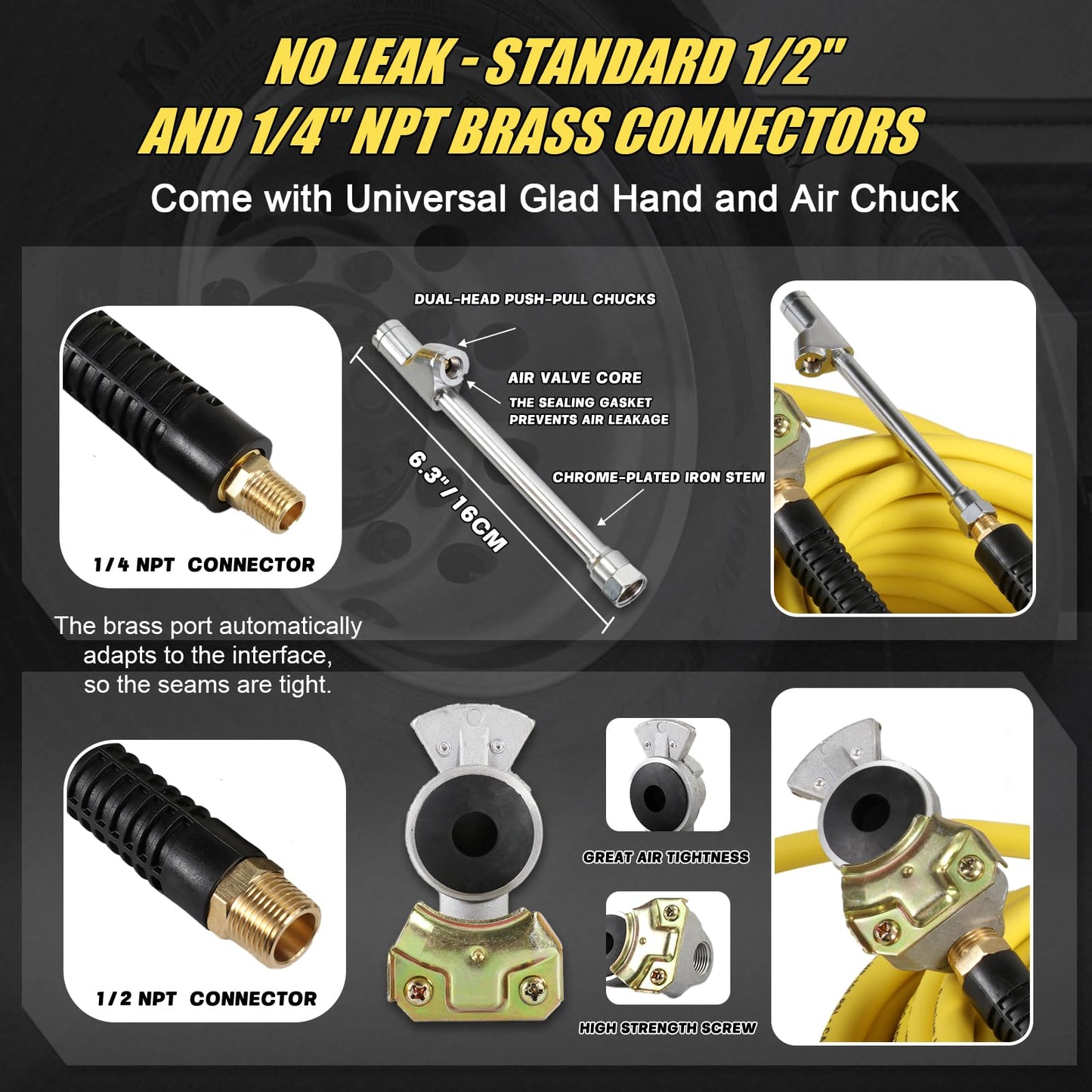 TIROL Glad Hand Air Hose Tire Inflator Kit 3/8 in x 50 ft Heavy Duty Hybrid Air Hose for Semi Truck Tractor Trailer, Lightweight Truck Inflator Kit with 1/4" NPT and 1/2" NPT Endings