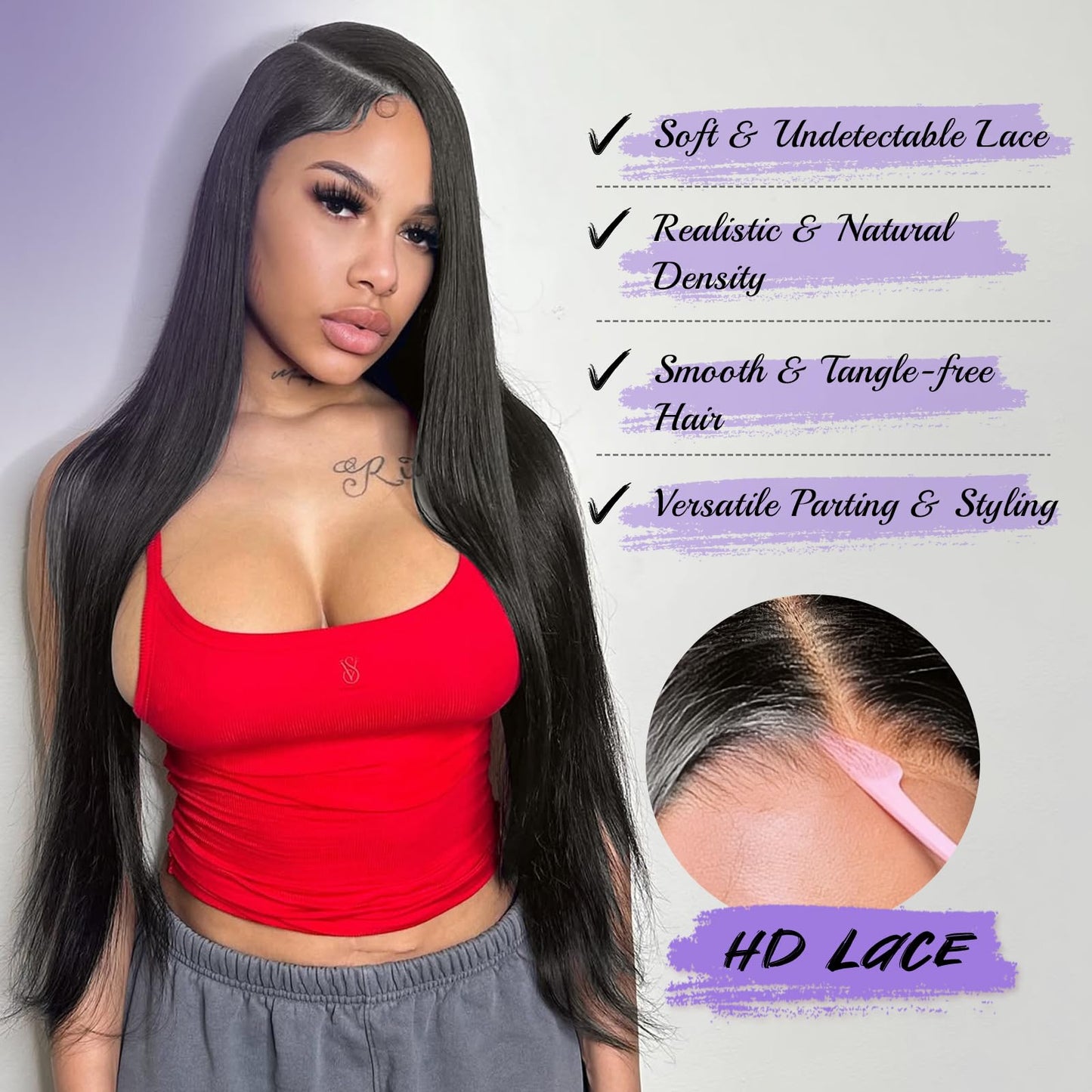 FESHFEN 13x4 Lace Front Wig - 30 inch Long Straight Natural Black Wigs Glueless Hair Wig for Black Women Synthetic Heat Resistant Pre Plucked Wig for Daily Party