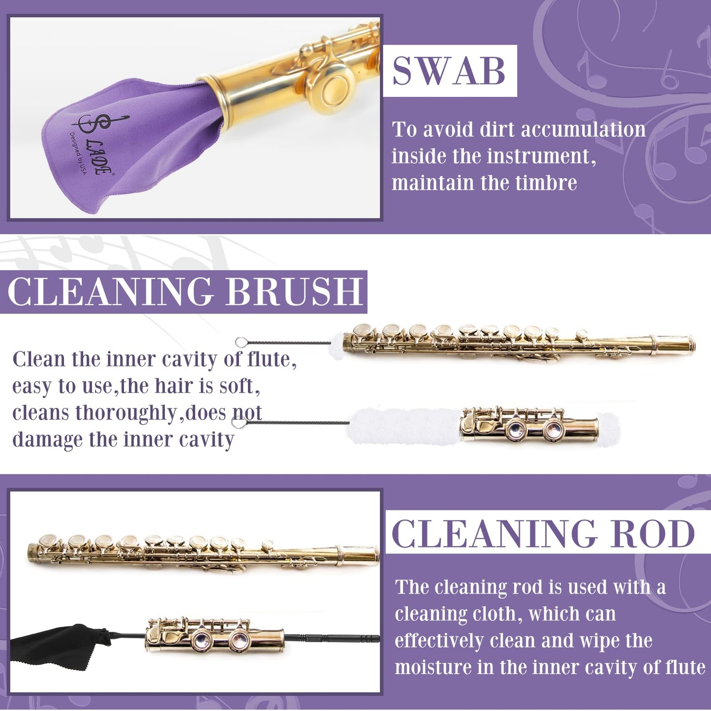 Vesici 40 Pcs Flute Cleaning Accessories All in 1 Flute Cleaner Maintenance Kit Care Kit with Brush Cleaning Rod Swab Plugs Thumb Rest Cushion(Purple)