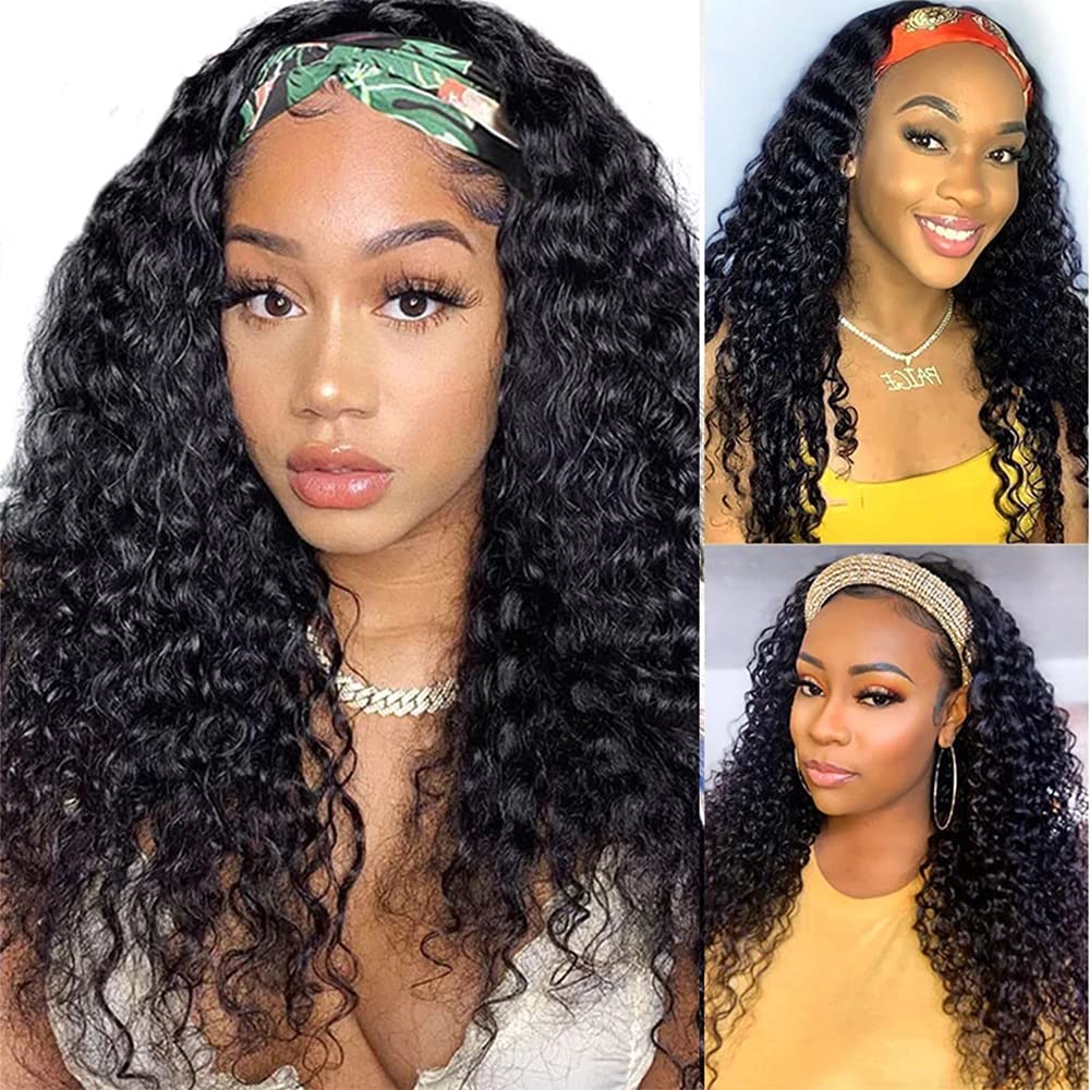 WENYAN Deep Wave Headband Wig Human Hair Wigs for Women Human Hair 16Inch None Lace Front Wigs Perruque Femme Humain Naturel Glueless Real Hair Curly Wave Wig 150% Density
