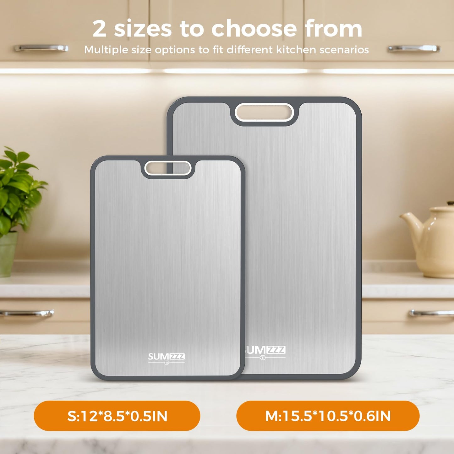 Titanium Cutting Board for Kitchen, Cutting Board Double Sided Food Grade, Pure Titanium/PP, Easy to Clean [15.5”*10.5”+12”*8.5”]