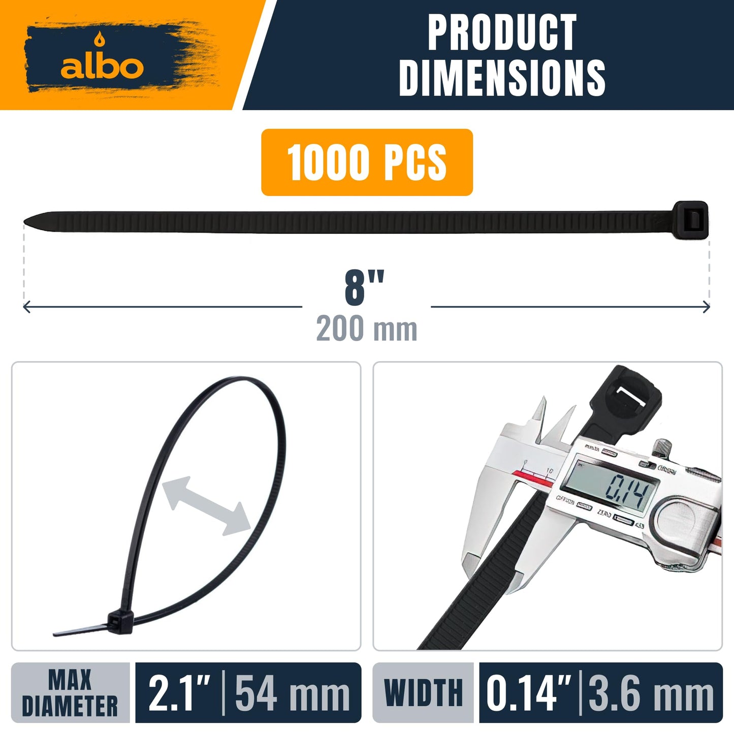 ALBO Zip Ties Black 8 Inch 1000 Pack Plastic Cable Ties Thick 0.14 Inch Tie Wraps Heavy Duty 40 lb UV Resistant Nylon Wire Ties for Indoor and Outdoor