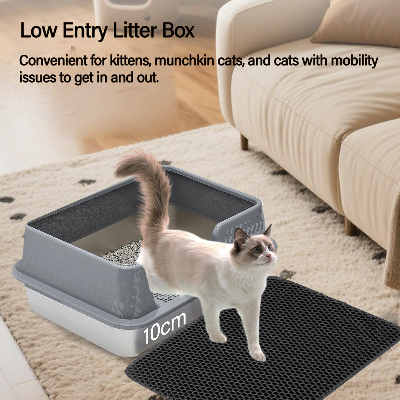Kittenhood Low Entry Enclosed Stainless Steel Cat Litter Box with Lid Scoop and Pads, 50cm* 35cm* 20cm Grey Standard Easy Clean Metal Kitty Kitten Litter Box