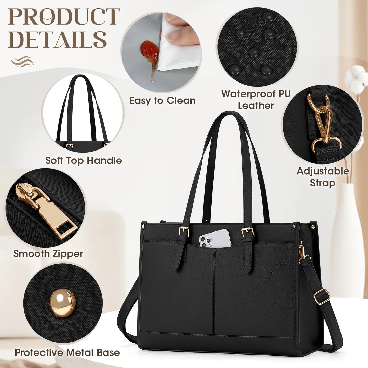 RAINSMORE Laptop Bags for Women Insulated Lunch Compartment Tote Bags for Women 15.6 Inch Work Bag Women Waterproof PU Leather Work Tote Bags for Women Business Daily Camping Laptop Tote Bag Black