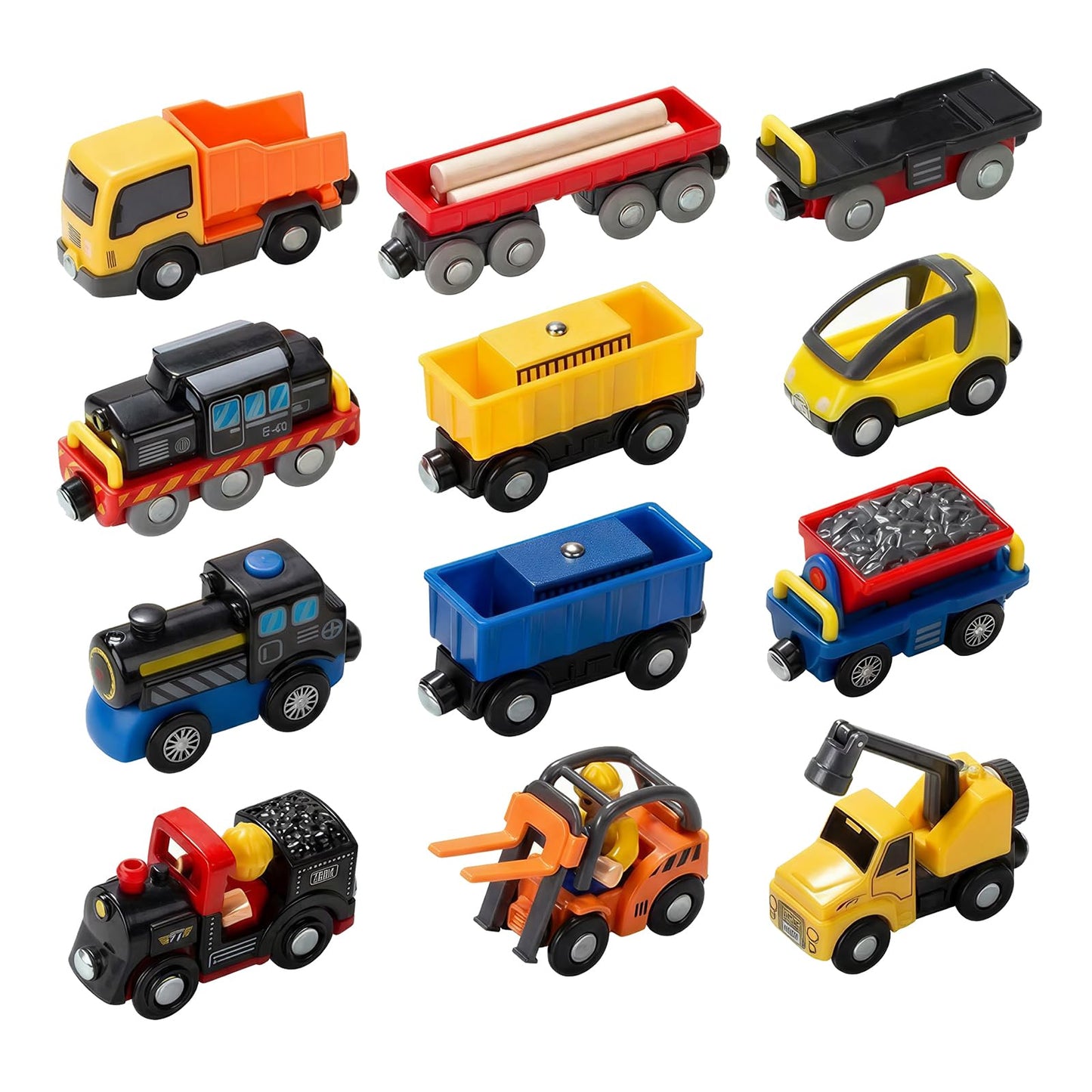 Giant bean 12PCS Vehicles Battery Operated Train Car Set, Magnetic Mini Construction Set for Wooden Train Track, Bulk Car Toys for Toddlers Age 3 4 5 Boys Girls Kids, Fits Most Brands