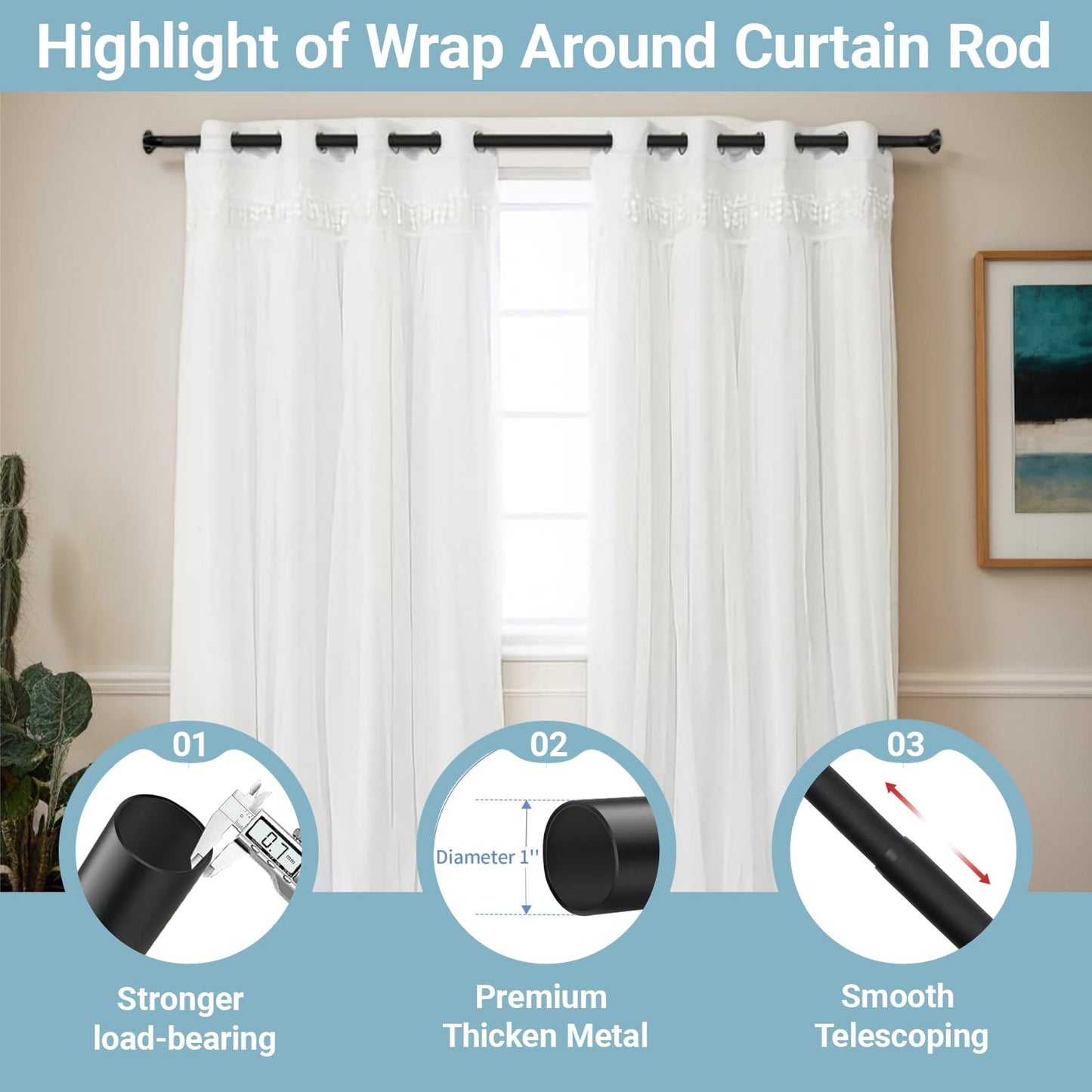 Blackout Curtain Rod For Windows,Wrap Around Curtain Rods 1 Inch Diameter,Room Darkening Curtain Rod for Windows 66 to 120 Inches,Black