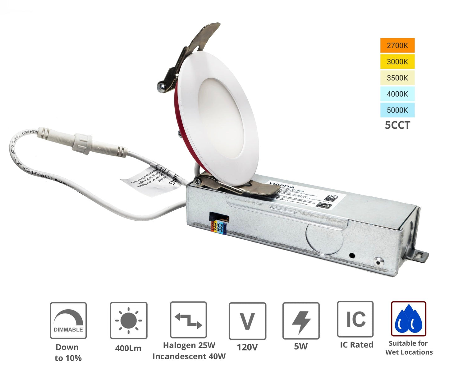 YUURTA (6-Pack) 3-Inch 5W 2-Hour Fire Rated Color Selectable 2700K/3000K/3500K/4000K/5000K Ceiling Recessed LED Downlight (Pot Light) 120V 400lm Dimmable Wet Locations IC Rated UL Certified (White)