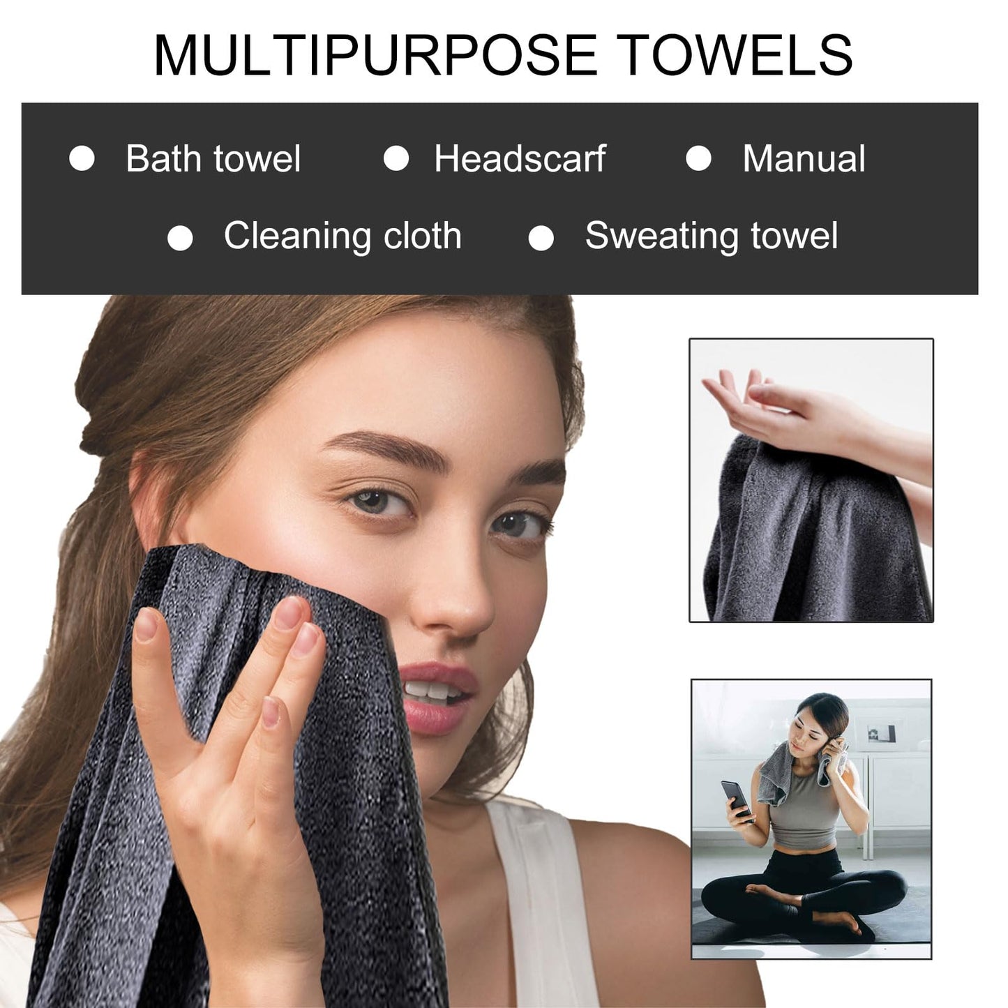 Longzhuo Shiny Microfiber Cleaning Cloths for Shower, Windows, Car, Home, and Office - 3pc Super Absorbent Bath Drying Towels (Gray)