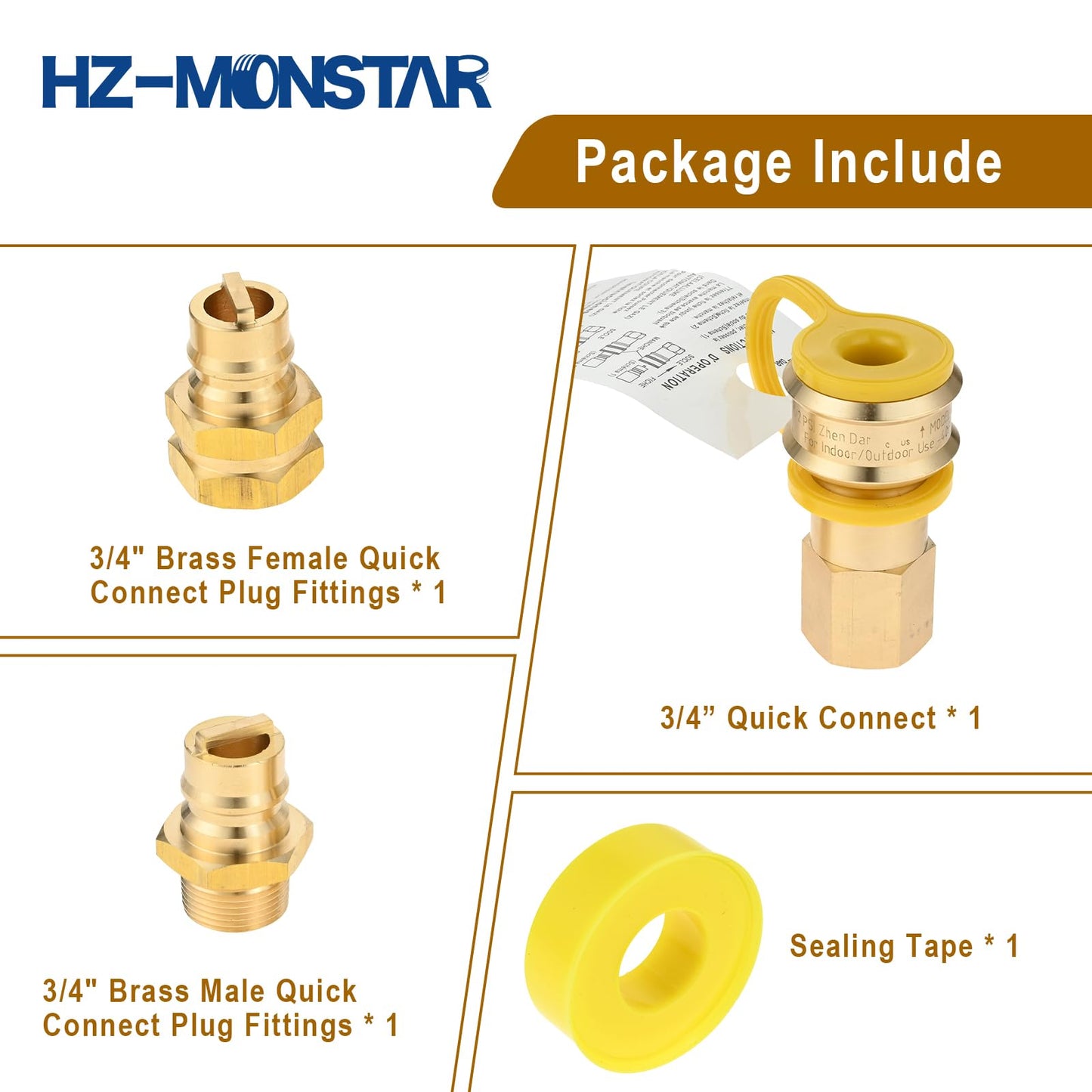 HZ-MONSTAR 3/4“ Female and Male Gas Quick Connect Plug Fittings, Solid Brass Dual Fuel Generator Natural Propane Hose Quick Connect Disconnect Fittings for Pipe Natural Gas Propane Supply 4Pcs