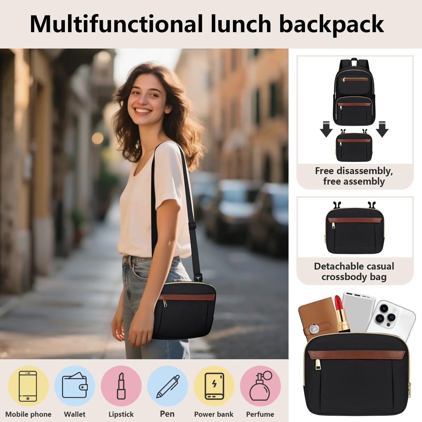 Lunch backpack for Women 15.6 Inch Laptop Backpack With USB Port Travel Backpack With Detachable Bag Work Backpack With Lunch Compartment Water Resistant Computer Backpack for College Business