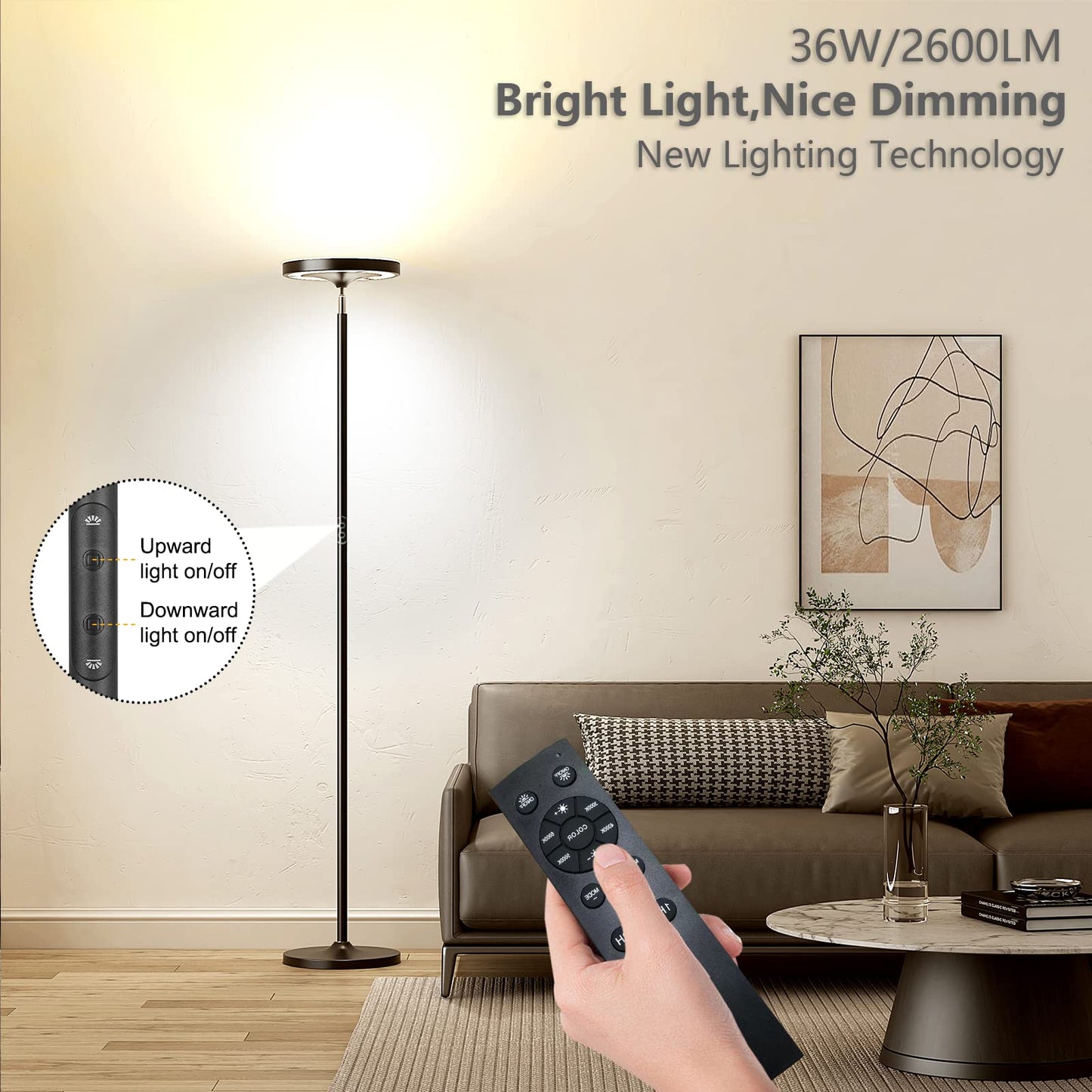 Keepsmile Double Side Lighting LED Floor Lamp with Remote Smart App,36W/2600LM Super Bright Dimmable RGB Floor Lamp,Adjustable Angle Standing Lamp for Living Room Bedroom Office Lampe Sur Pied,Black