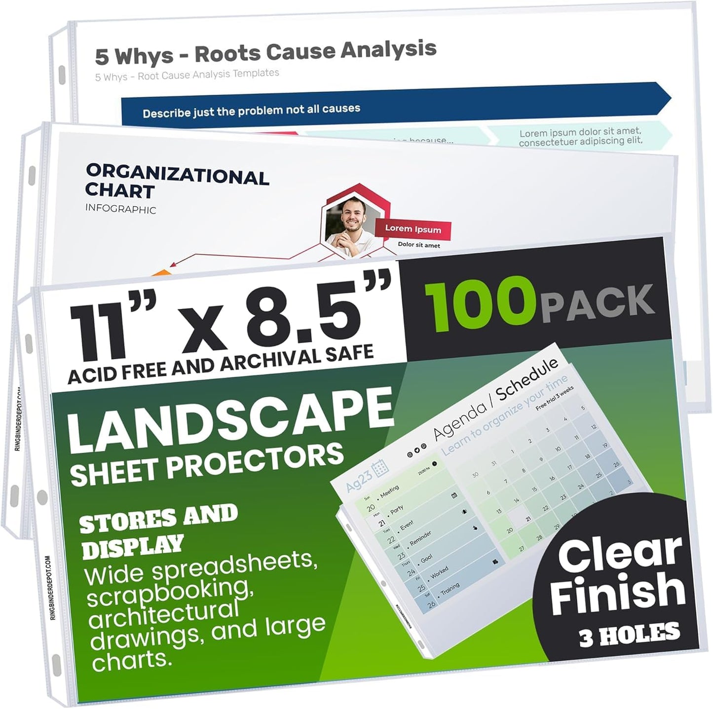 Performore 100-Pack Landscape Sheet Protectors | 11×8.5" Clear Top-Loading Sleeves | 3-Hole Punched, Acid-Free, Archival Safe Plastic for Binders, Scrapbooks, Photos & Documents