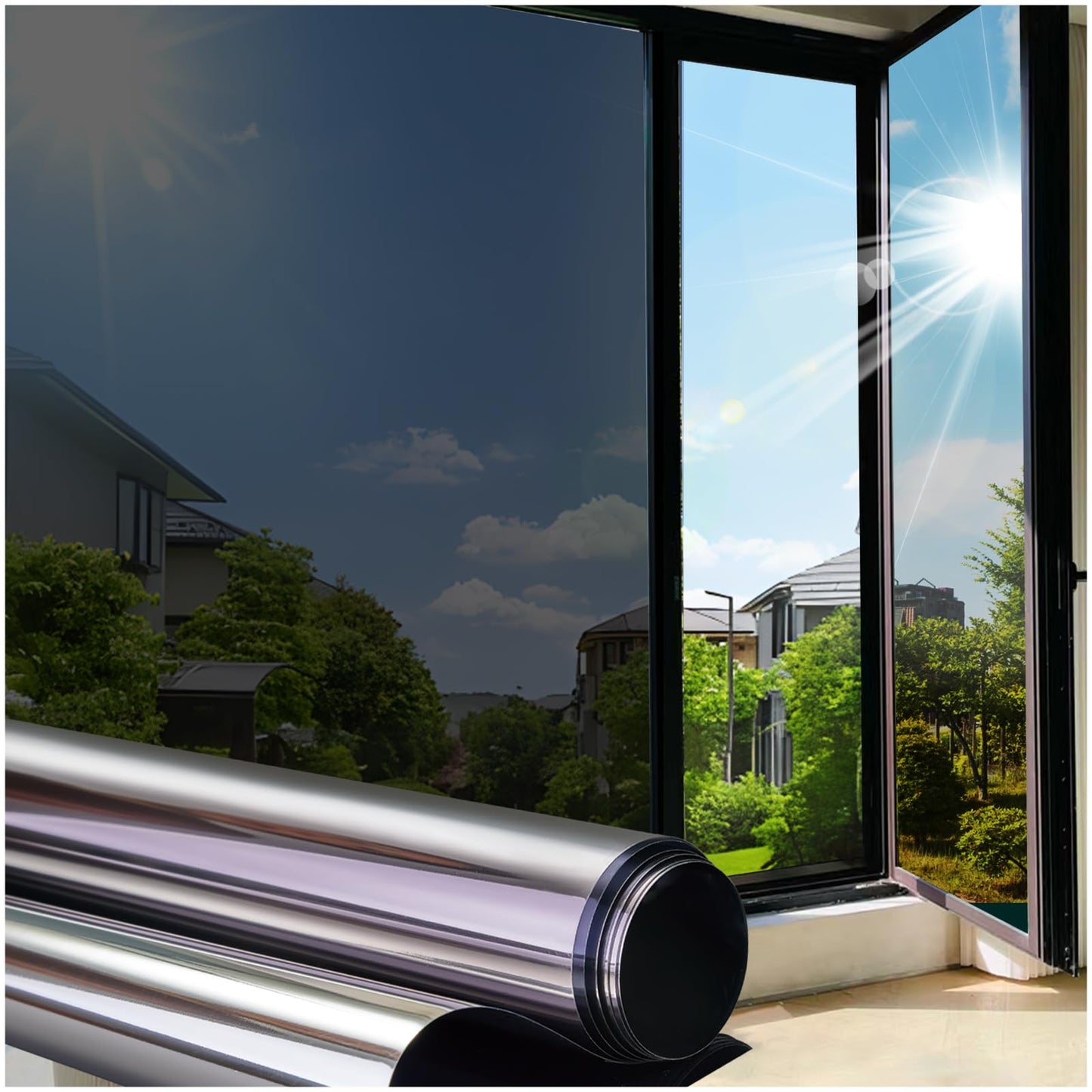 Coavas Window Films for Privacy One Way Window Film, Reflective Mirror Window Film for Sun Blocking, UV Heat Control No Glue Static Cling Window Tint for Home 23.6x157.5in, Silver Black